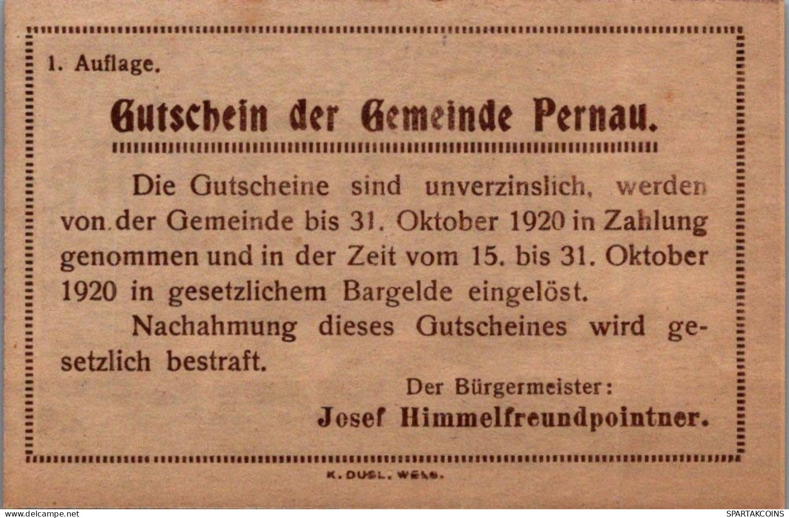 10 HELLER 1920 Stadt PERNAU Oberösterreich Österreich Notgeld Banknote #PJ219 - [11] Local Banknote Issues