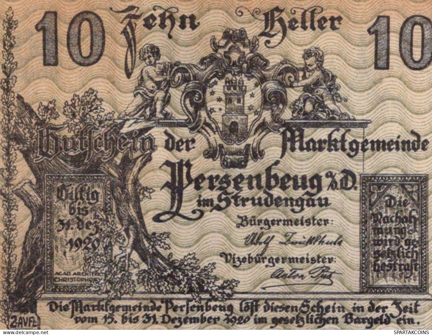 10 HELLER 1920 Stadt PERSENBEUG Niedrigeren Österreich Notgeld #PE253 - [11] Emisiones Locales