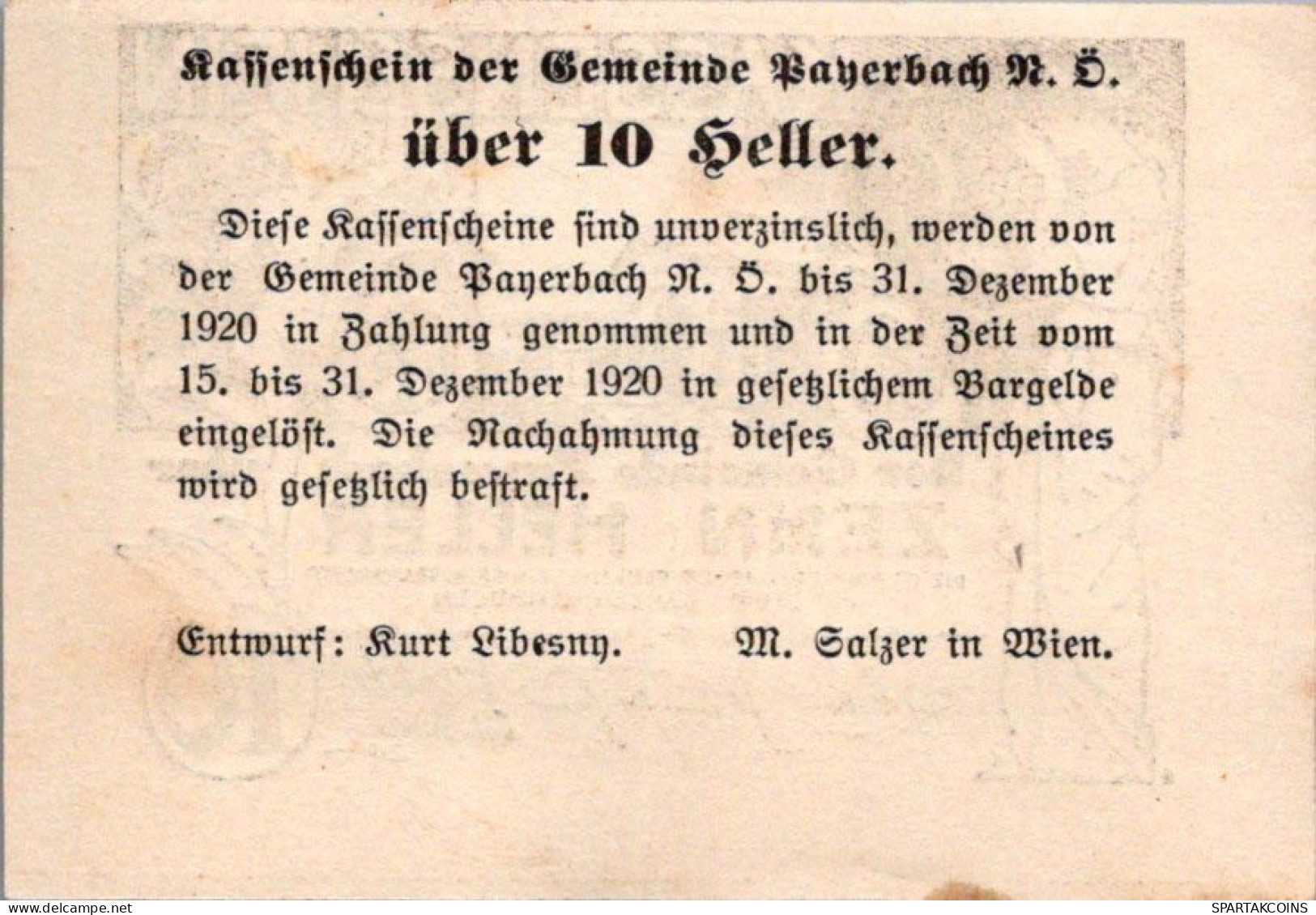 10 HELLER 1920 Stadt PAYERBACH Niedrigeren Österreich Notgeld Banknote #PE294 - [11] Emissions Locales