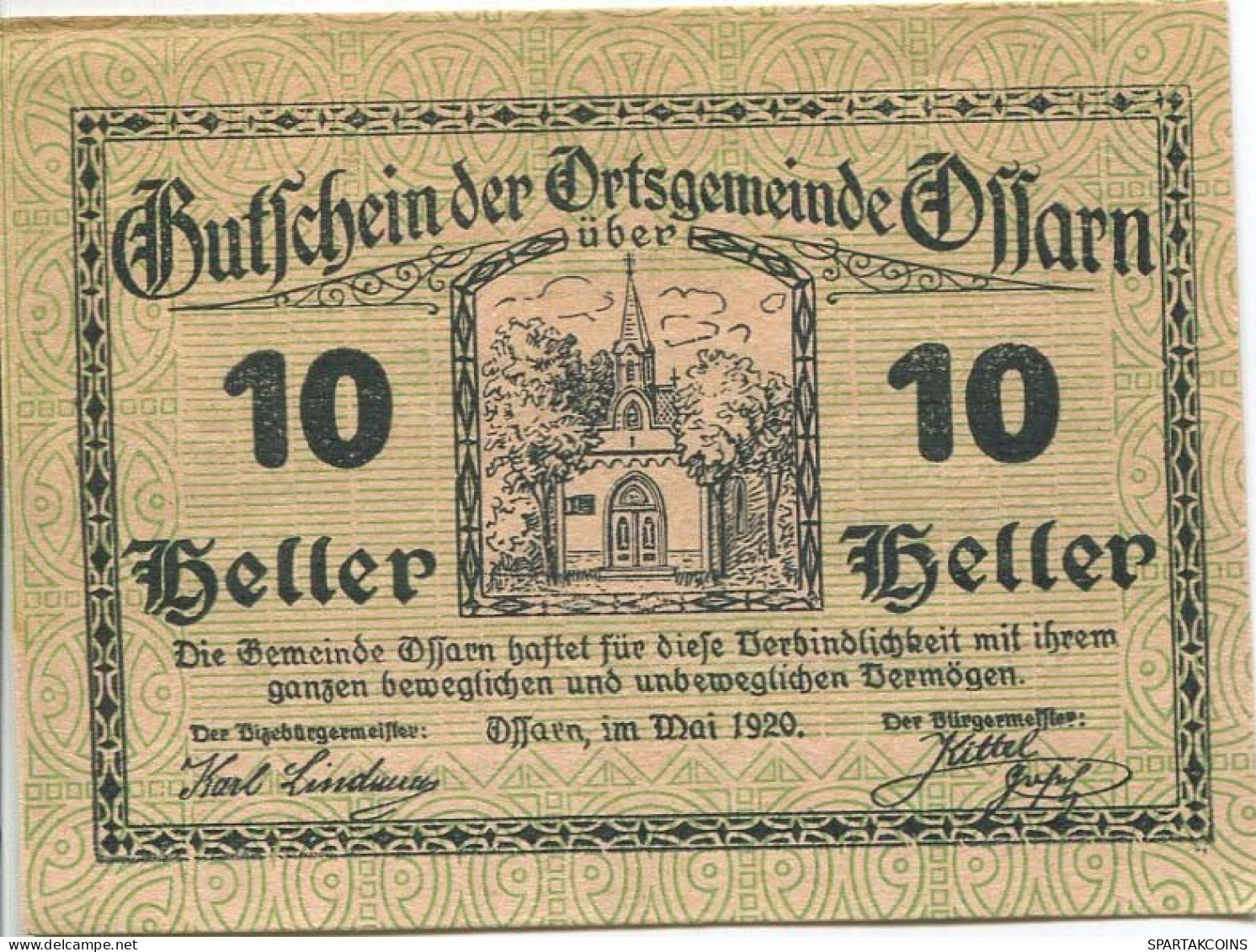10 HELLER 1920 Stadt OSSARN Niedrigeren Österreich Notgeld Papiergeld Banknote #PL766 - [11] Local Banknote Issues