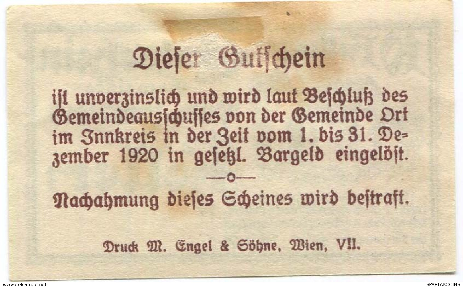 10 HELLER 1920 Stadt ORT IM INNKREIS Oberösterreich Österreich Notgeld Papiergeld Banknote #PL743 - [11] Emissions Locales