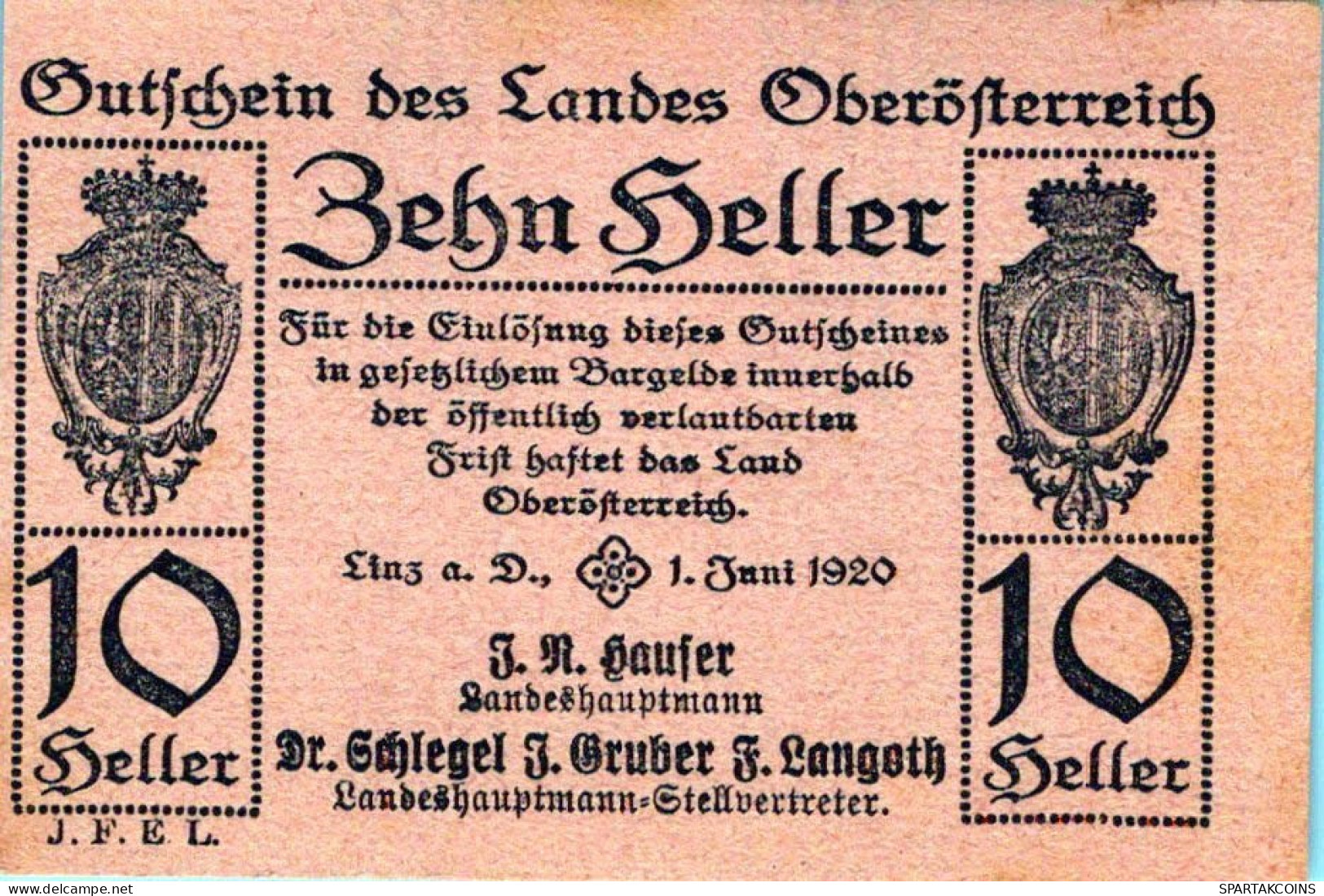 10 HELLER 1920 Stadt Oberösterreich Österreich Federal State Of Österreich Notgeld #PE250 - [11] Local Banknote Issues