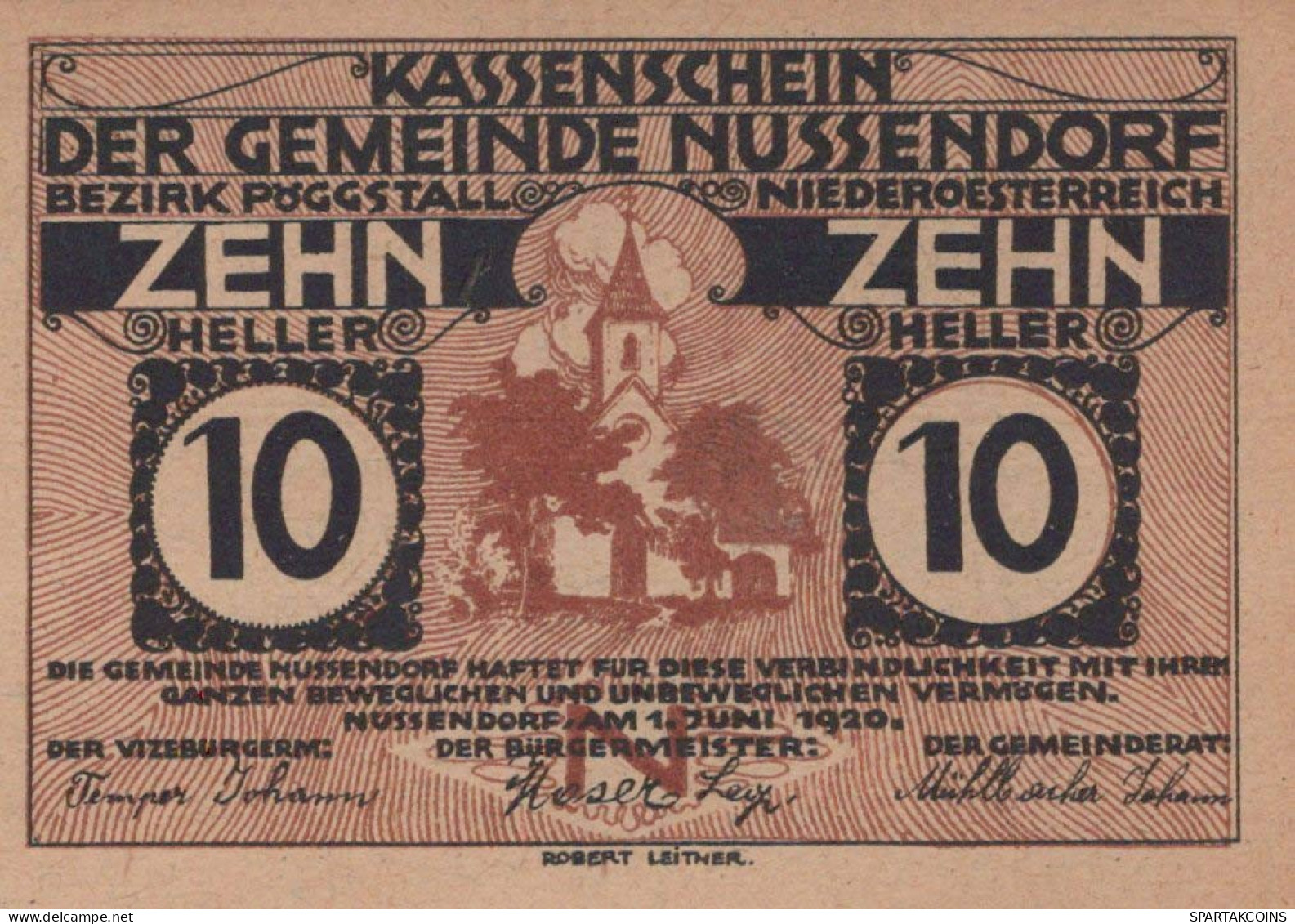 10 HELLER 1920 Stadt NUSSENDORF-ARTSTETTEN Niedrigeren Österreich Notgeld Papiergeld Banknote #PG639 - [11] Local Banknote Issues