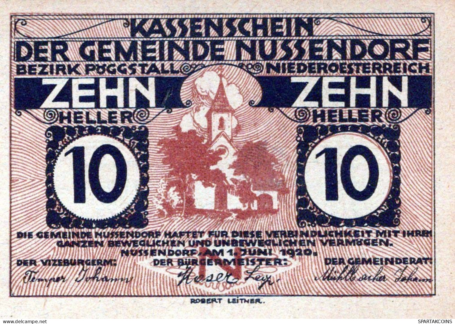 10 HELLER 1920 Stadt NUSSENDORF-ARTSTETTEN Niedrigeren Österreich Notgeld Papiergeld Banknote #PG639 - [11] Emisiones Locales