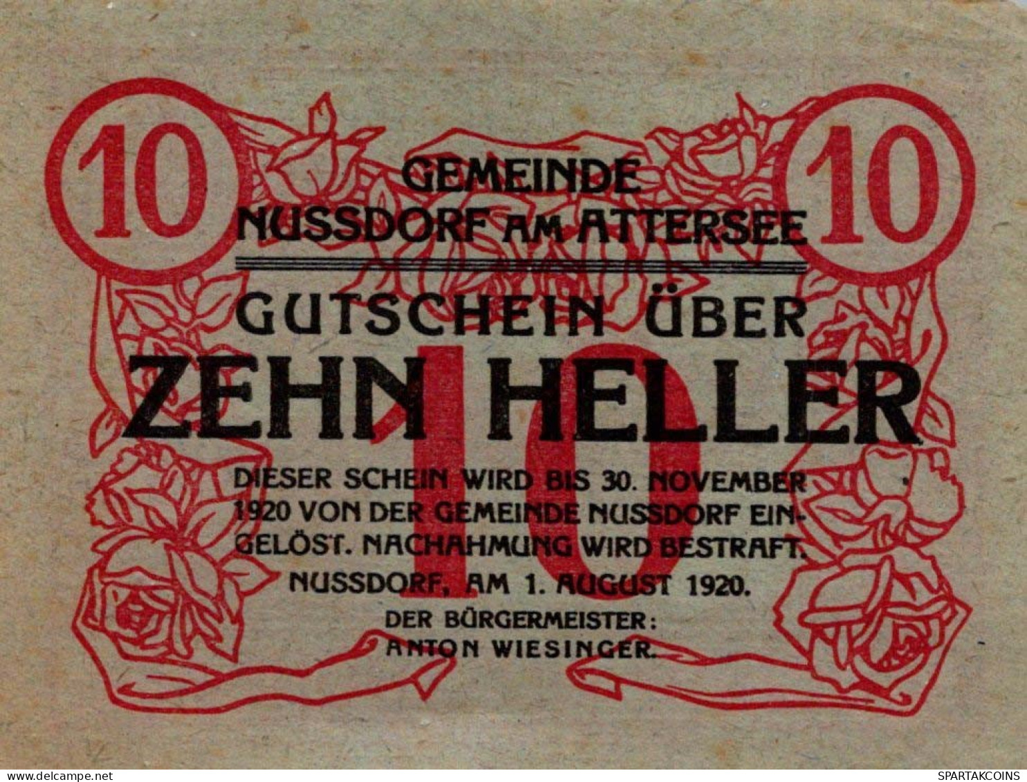 10 HELLER 1920 Stadt NUSSDORF AM ATTERSEE Oberösterreich Österreich UNC Österreich #PH410 - [11] Local Banknote Issues