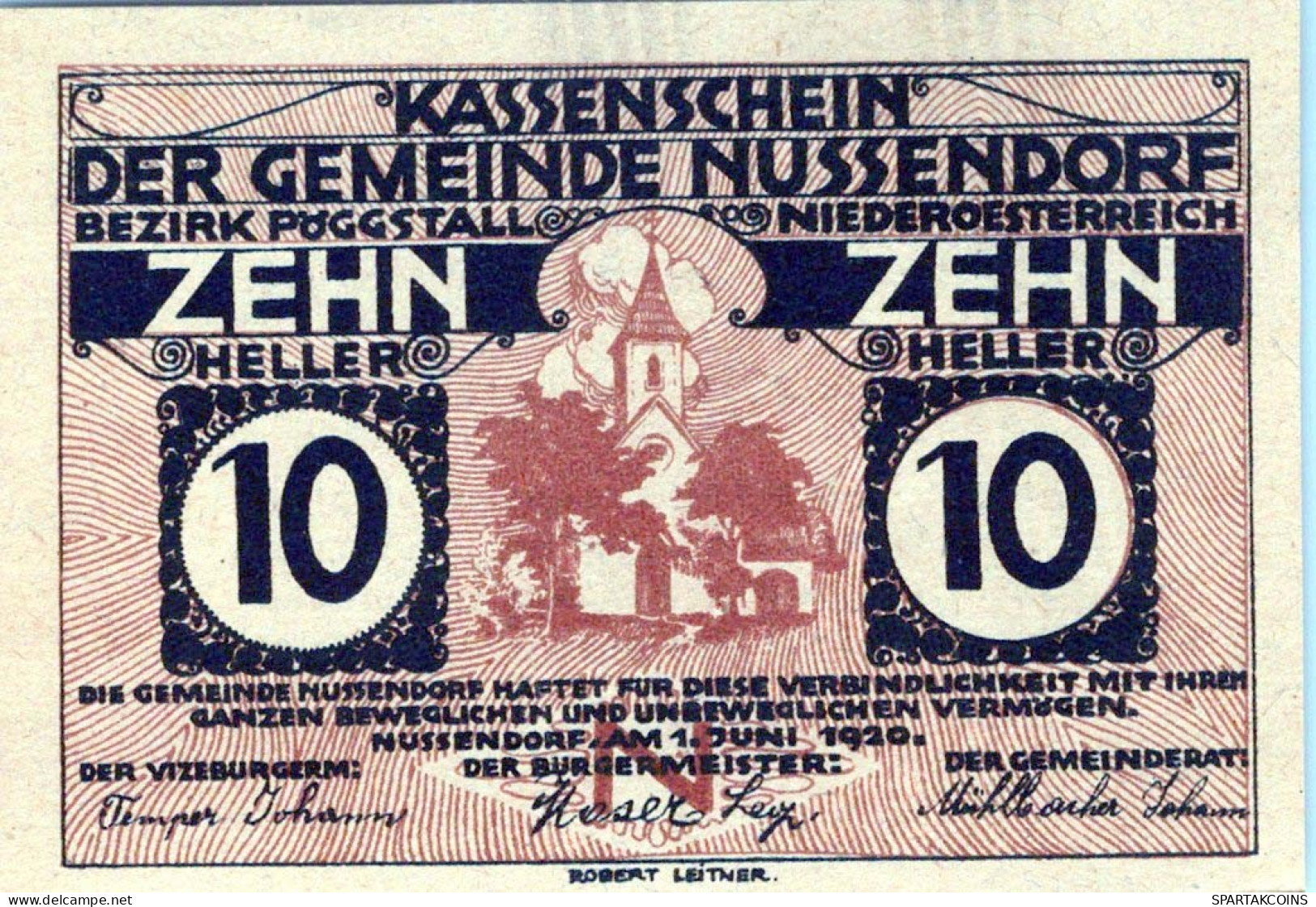 10 HELLER 1920 Stadt NUSSENDORF-ARTSTETTEN Niedrigeren Österreich #PE442 - [11] Emisiones Locales