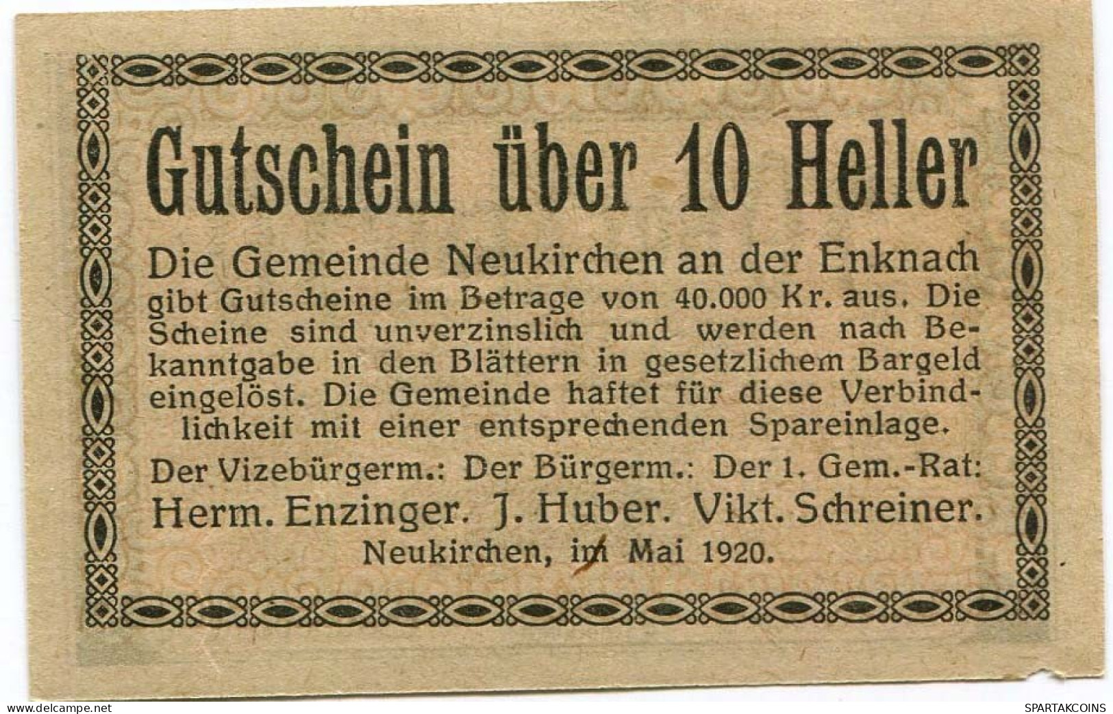 10 HELLER 1920 Stadt Neukirchen An Der Enknach Oberösterreich Österreich Notgeld Papiergeld Banknote #PL891 - [11] Local Banknote Issues