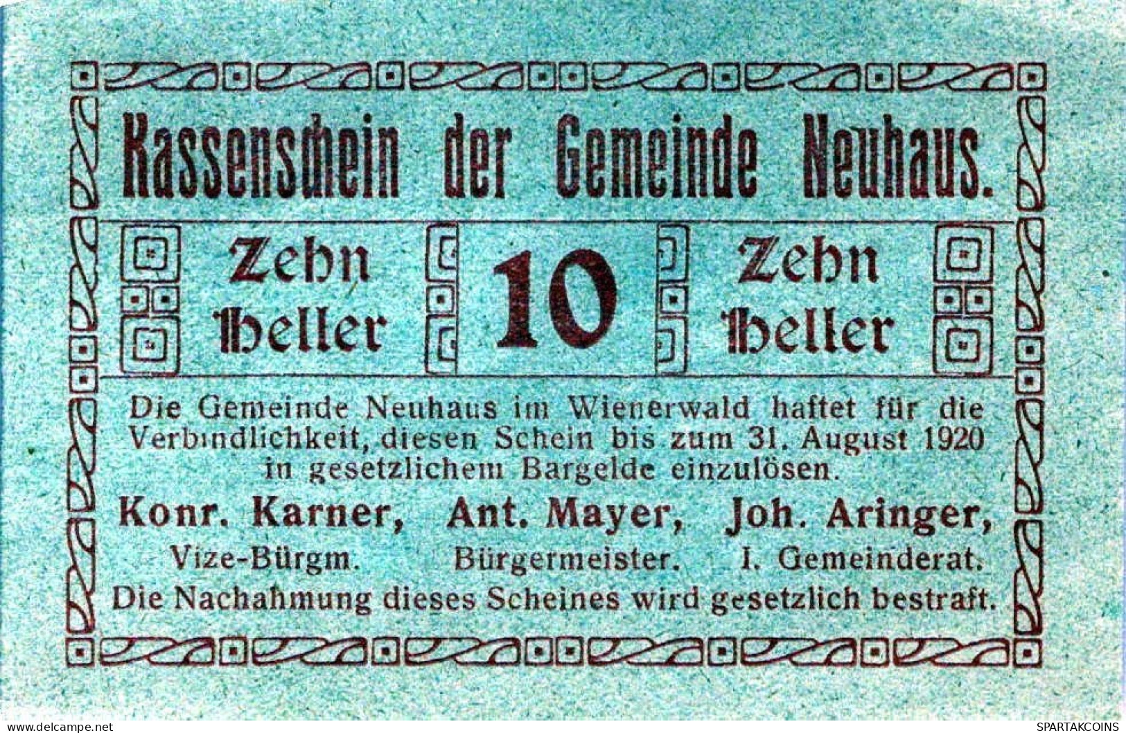 10 HELLER 1920 Stadt NEUHAUS IM WIENERWALD Niedrigeren Österreich #PE449 - [11] Emisiones Locales