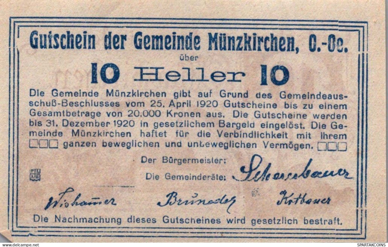 10 HELLER 1920 Stadt Münzkirchen Oberösterreich Österreich Notgeld #PF784 - [11] Local Banknote Issues