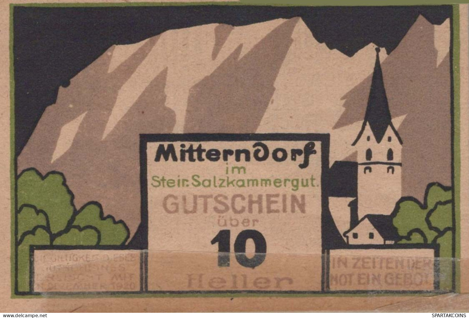 10 HELLER 1920 Stadt MITTERNDORF Styria Österreich Notgeld Banknote #PD874 - [11] Local Banknote Issues