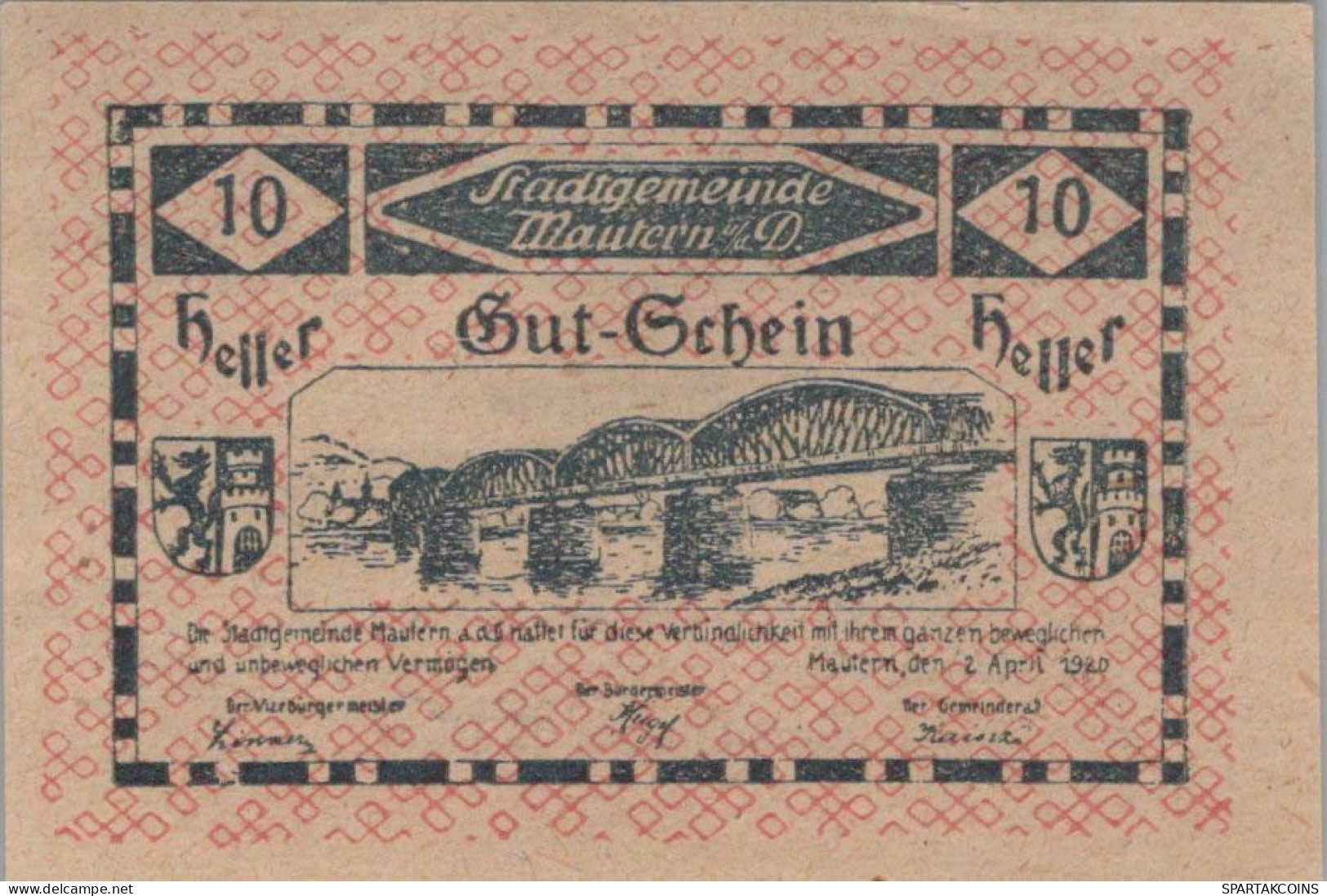 10 HELLER 1920 Stadt MAUTERN AN DER DONAU Niedrigeren Österreich #PD809 - [11] Emissions Locales