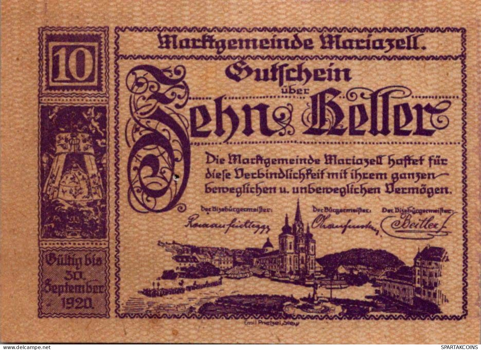 10 HELLER 1920 Stadt MARIAZELL Styria Österreich Notgeld Banknote #PD849 - [11] Emissions Locales