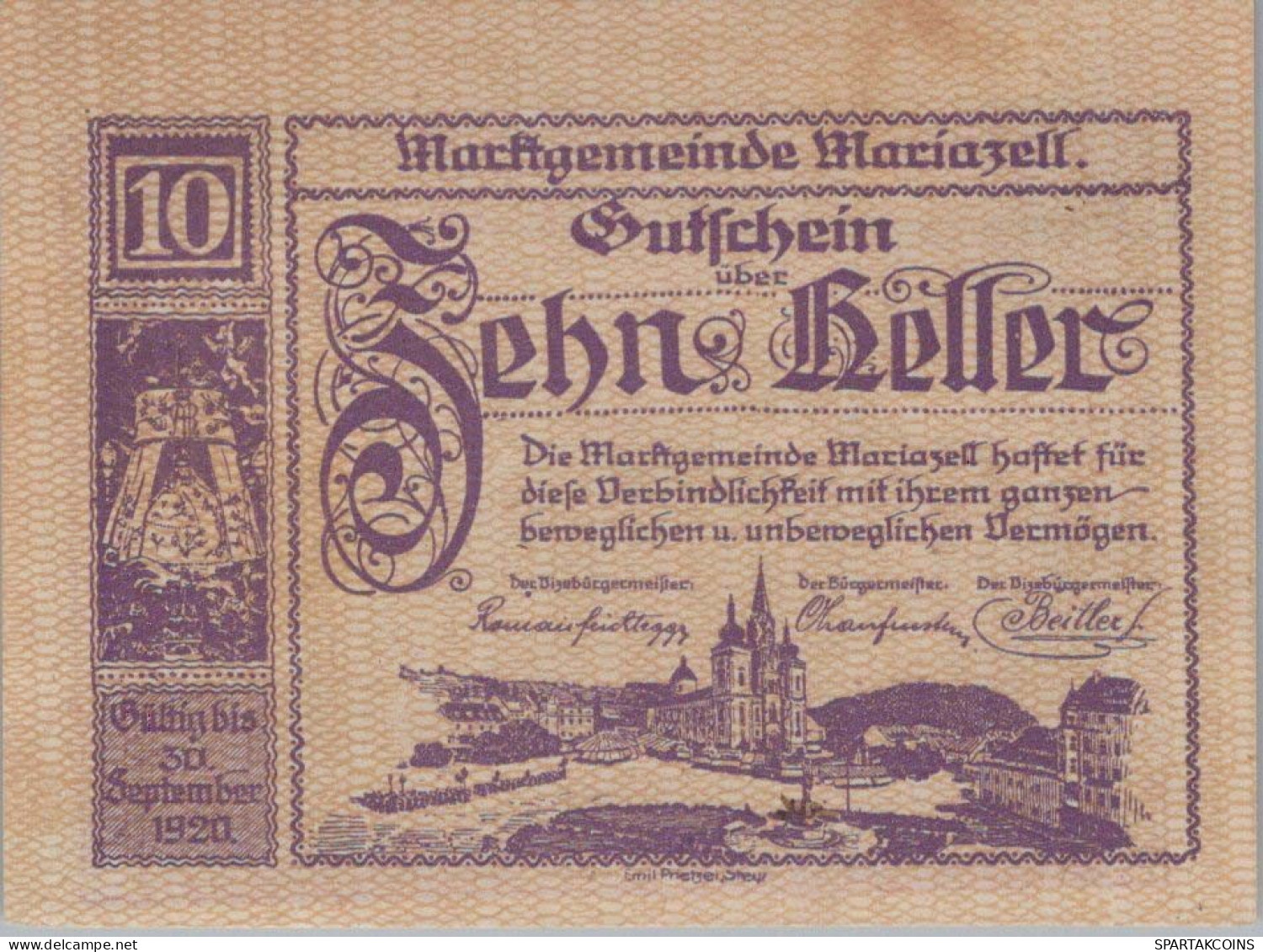 10 HELLER 1920 Stadt MARIAZELL Styria Österreich Notgeld Papiergeld Banknote #PG933 - Lokale Ausgaben