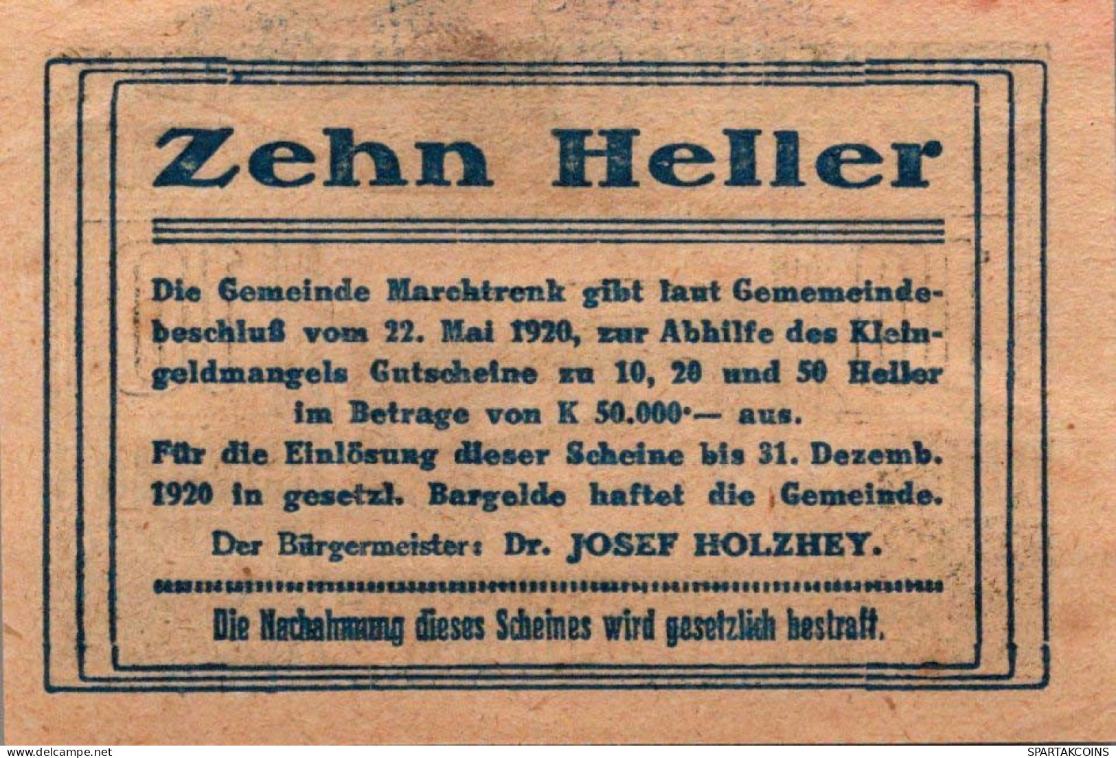 10 HELLER 1920 Stadt MARCHTRENK Oberösterreich Österreich Notgeld #PD798 - [11] Local Banknote Issues