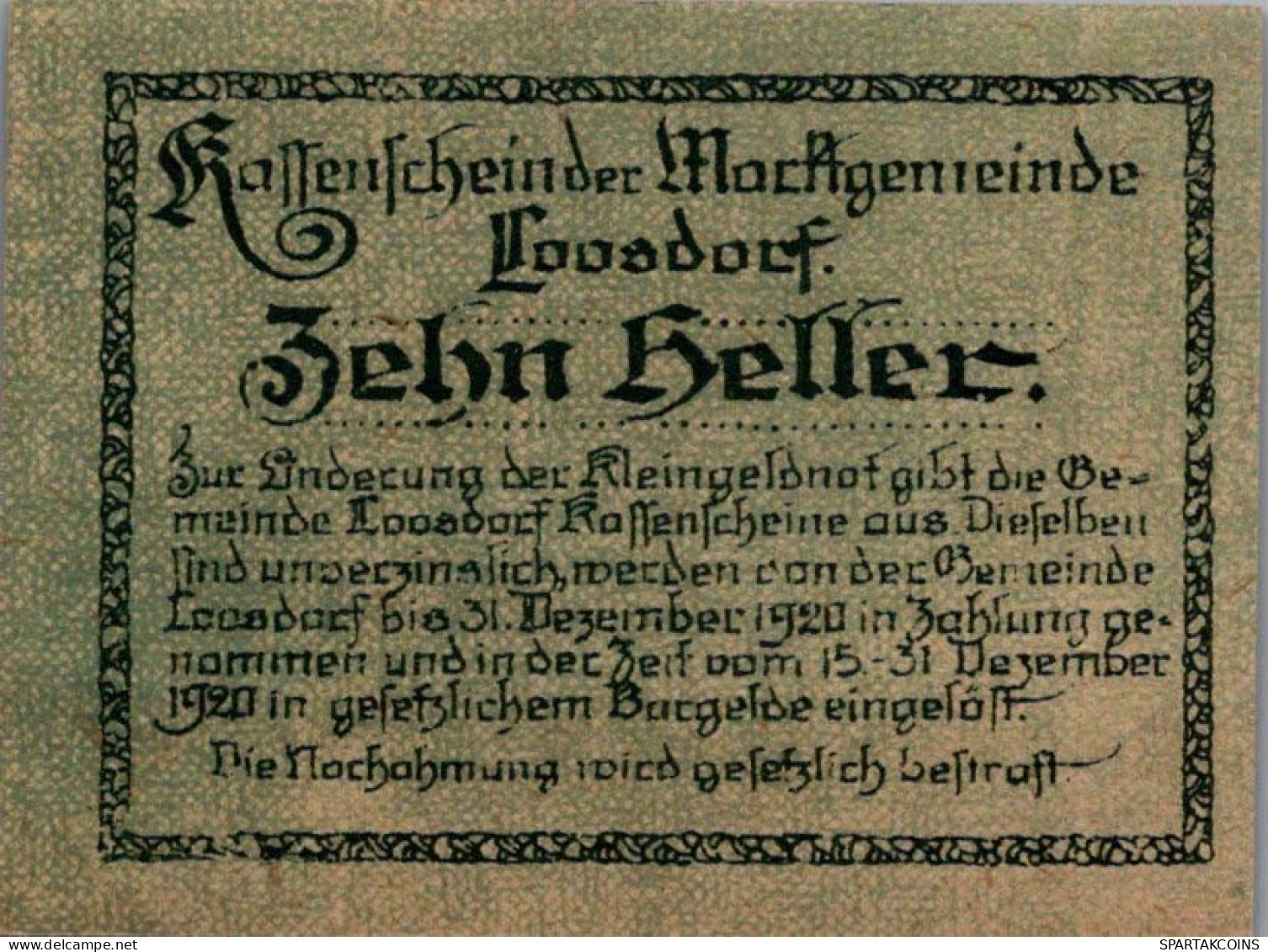 10 HELLER 1920 Stadt LOOSDORF Niedrigeren Österreich Notgeld Banknote #PD786 - [11] Local Banknote Issues