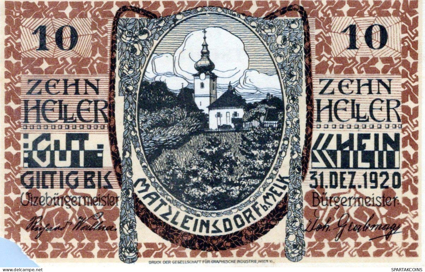 10 HELLER 1920 Stadt MATZLEINSDORF Niedrigeren Österreich Notgeld #PD855 - [11] Local Banknote Issues
