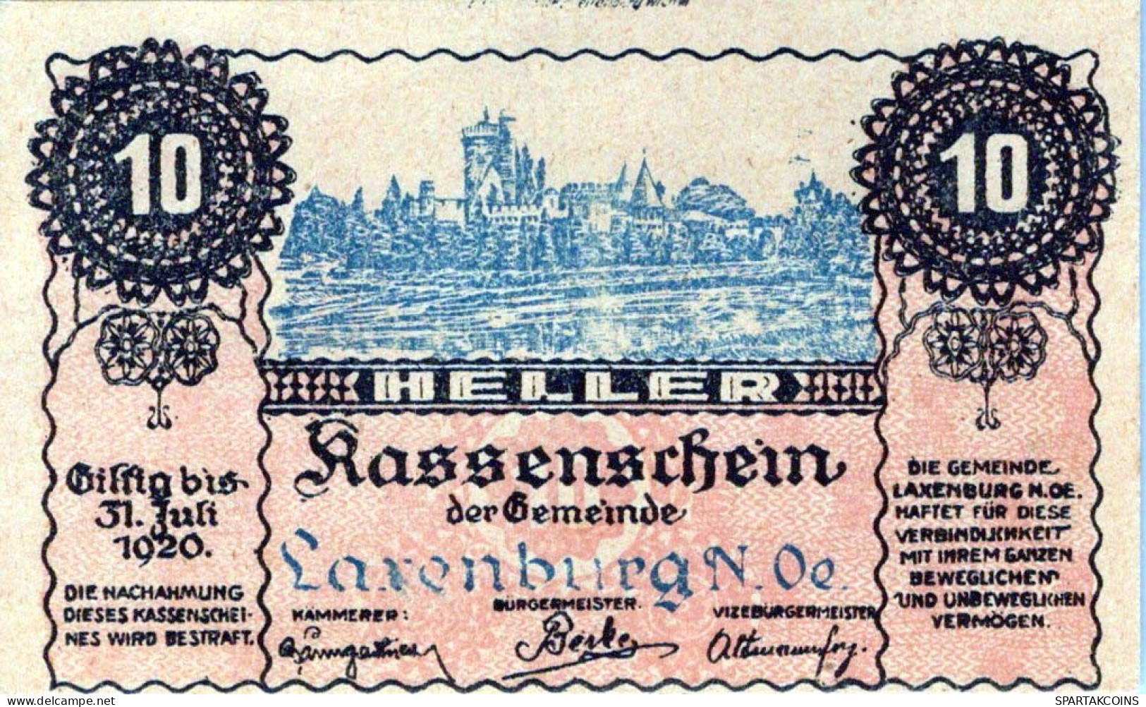 10 HELLER 1920 Stadt LAXENBURG Niedrigeren Österreich Notgeld Banknote #PD776 - [11] Local Banknote Issues