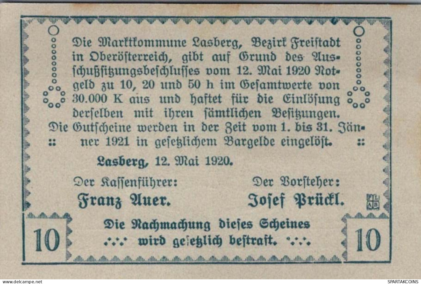 10 HELLER 1920 Stadt LASBERG Oberösterreich Österreich UNC Österreich Notgeld #PH386 - [11] Emissions Locales