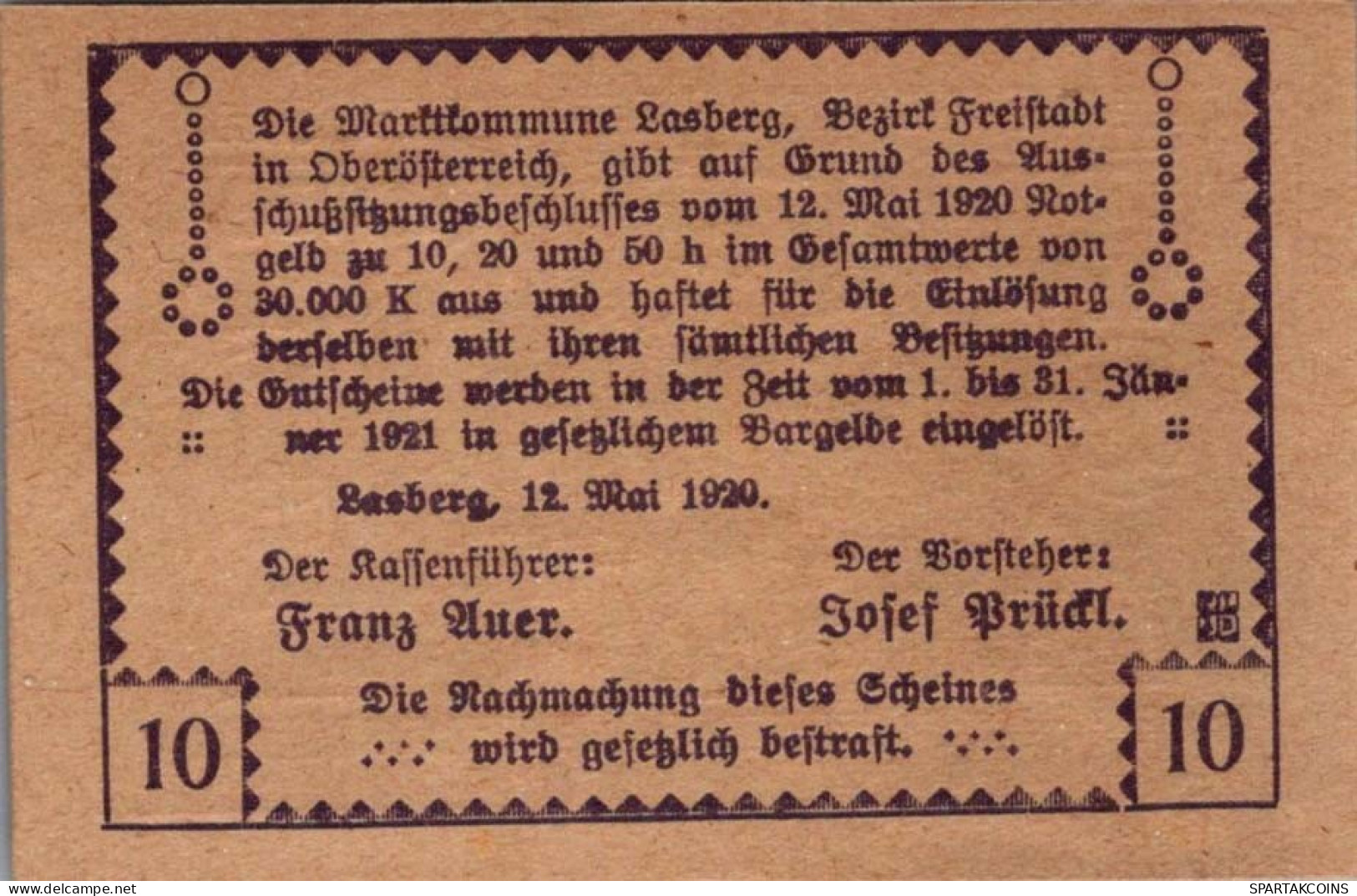 10 HELLER 1920 Stadt LASBERG Oberösterreich Österreich Notgeld Papiergeld Banknote #PG935 - [11] Emissions Locales