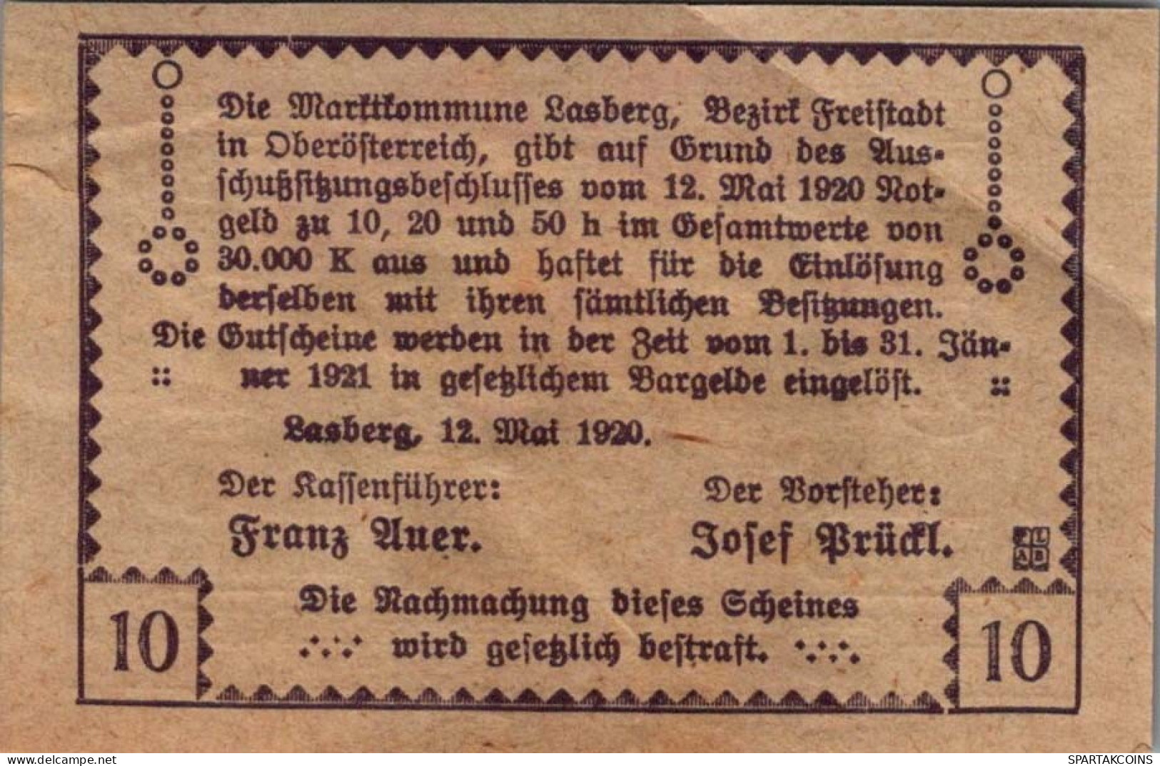 10 HELLER 1920 Stadt LASBERG Oberösterreich Österreich Notgeld Banknote #PD788 - [11] Emissions Locales