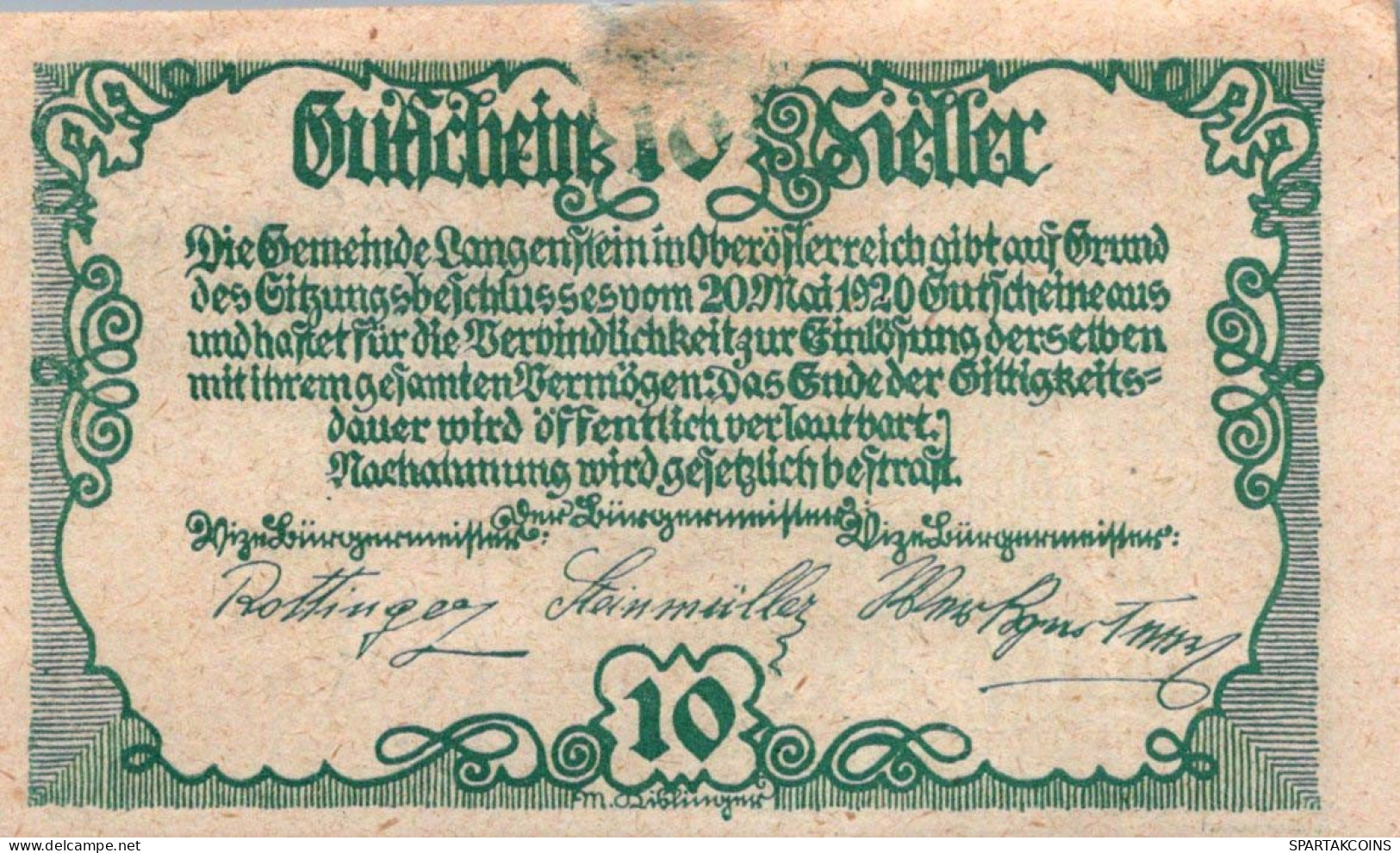 10 HELLER 1920 Stadt LANGENSTEIN Oberösterreich Österreich Notgeld #PI289 - [11] Local Banknote Issues