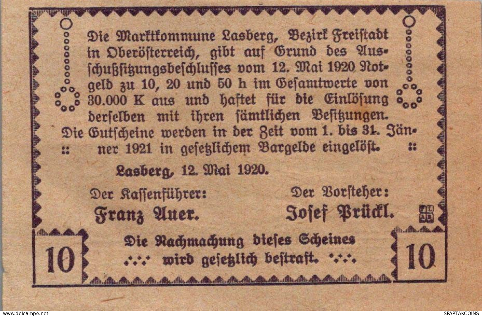 10 HELLER 1920 Stadt LASBERG Oberösterreich Österreich Notgeld Banknote #PD760 - [11] Local Banknote Issues