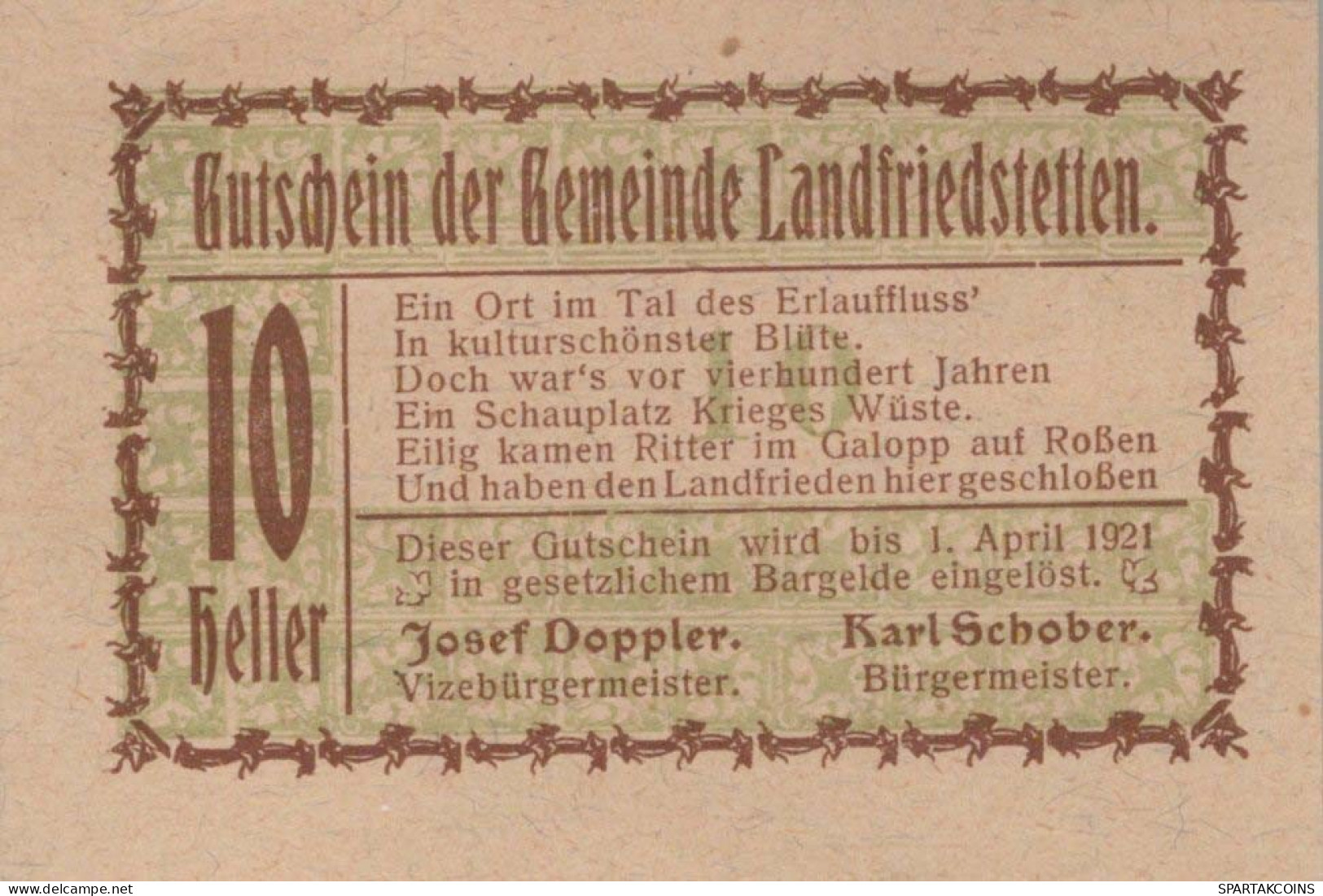 10 HELLER 1920 Stadt LANDFRIEDSTETTEN Niedrigeren Österreich Notgeld Papiergeld Banknote #PG923 - [11] Emissions Locales