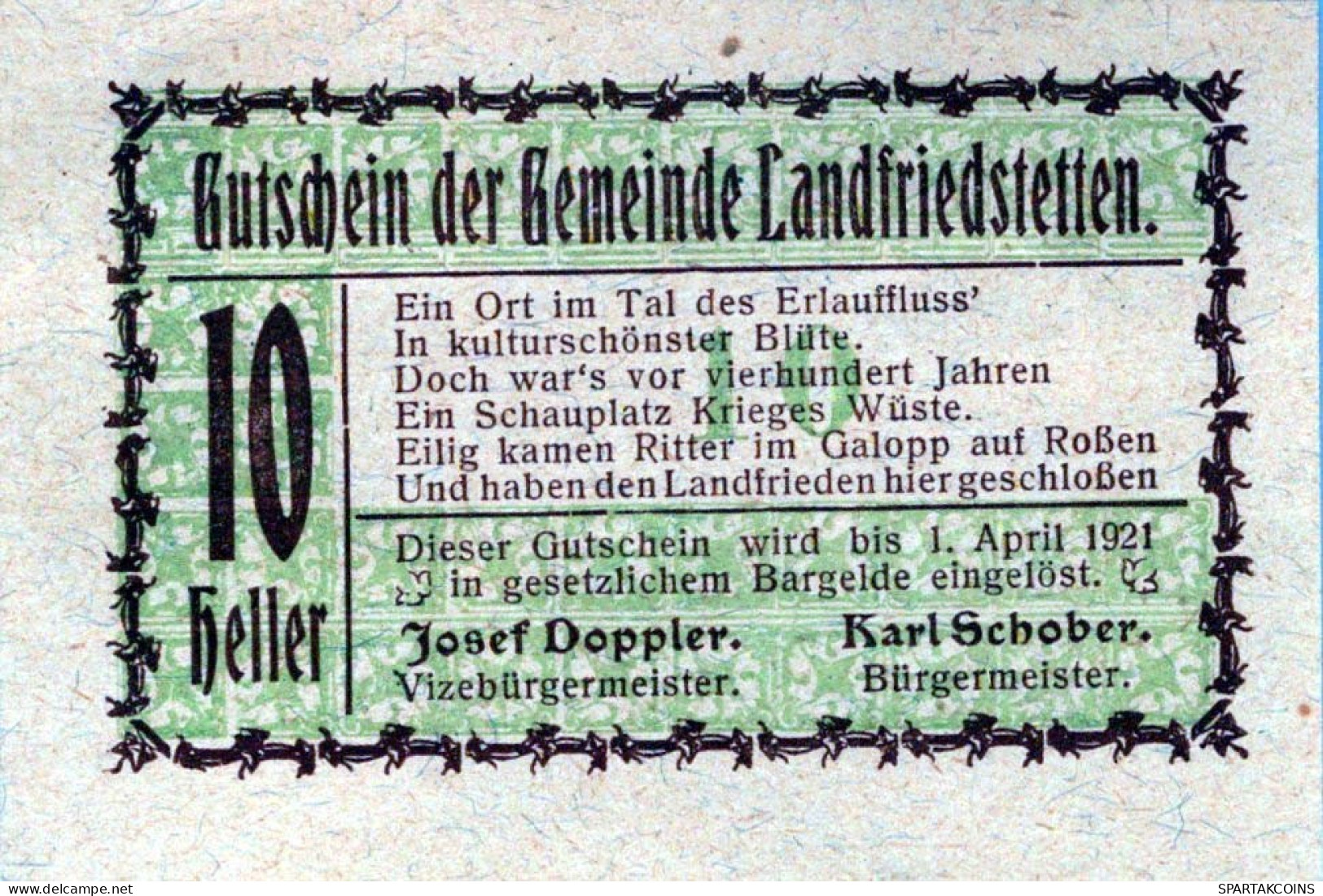 10 HELLER 1920 Stadt LANDFRIEDSTETTEN Niedrigeren Österreich Notgeld Papiergeld Banknote #PG923 - [11] Local Banknote Issues