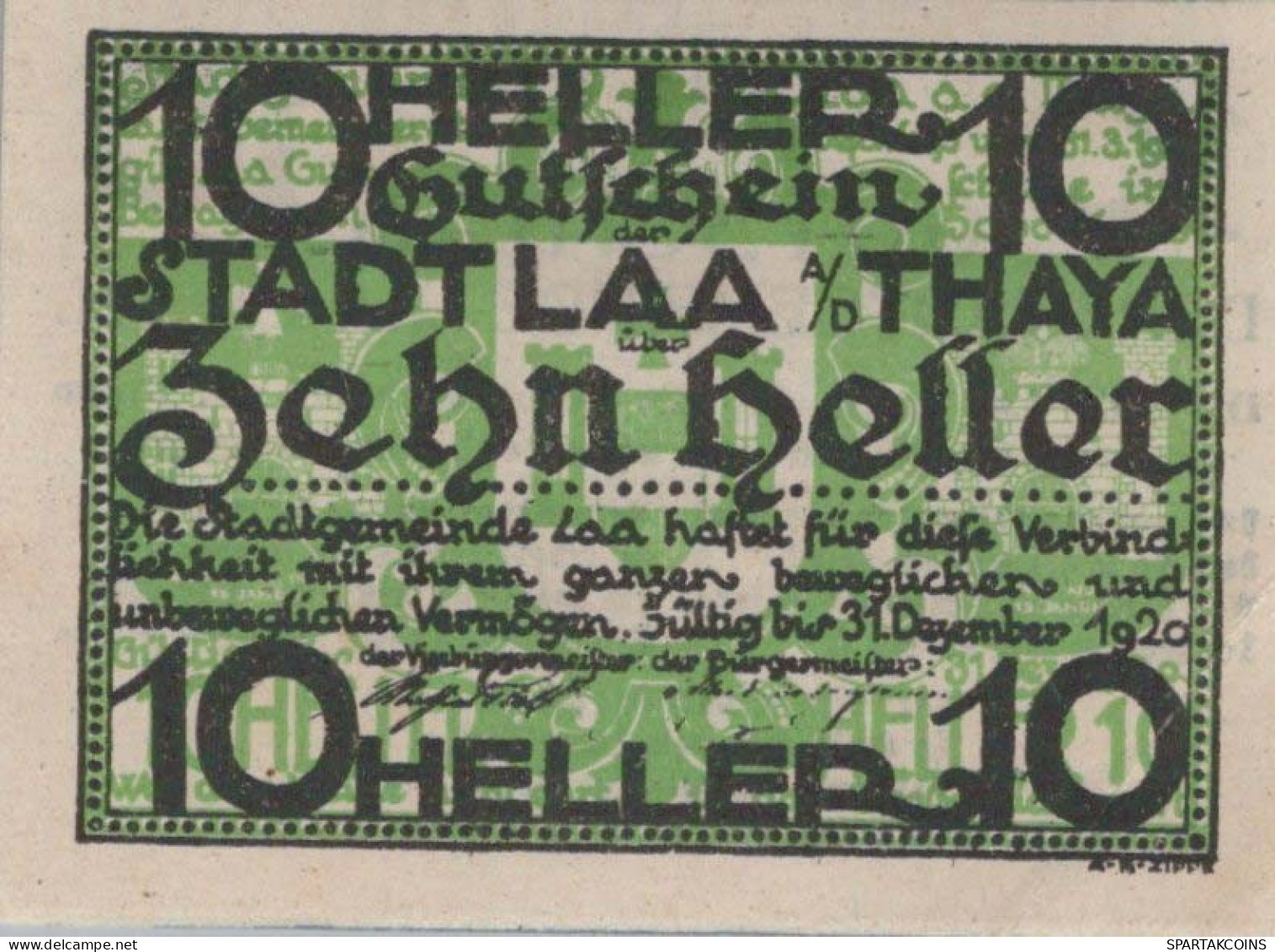 10 HELLER 1920 Stadt Laa An Der Thaya Österreich Notgeld Banknote #PD826 - [11] Local Banknote Issues