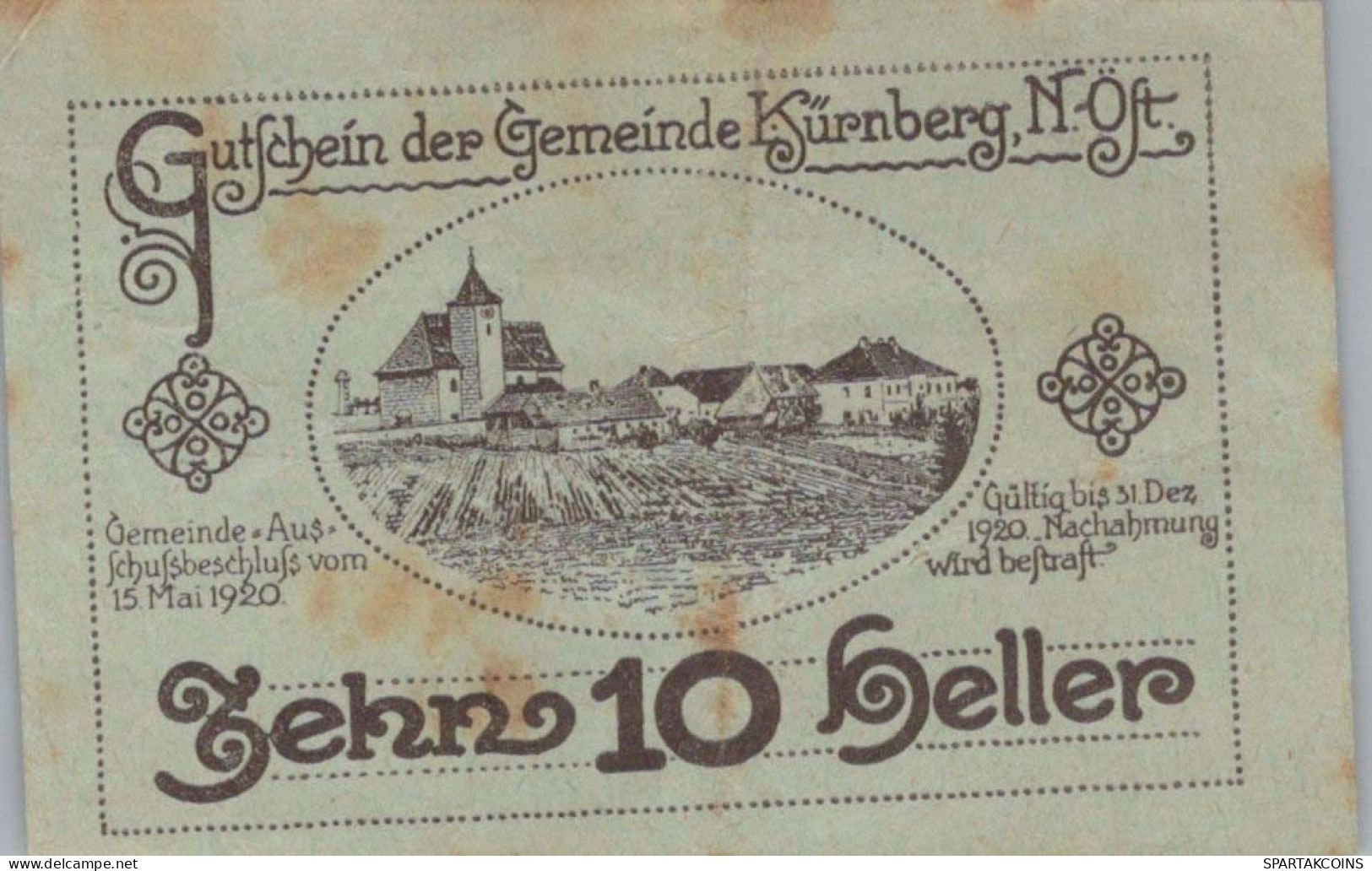 10 HELLER 1920 Stadt KÜRNBERG Niedrigeren Österreich Notgeld Banknote #PI209 - [11] Local Banknote Issues