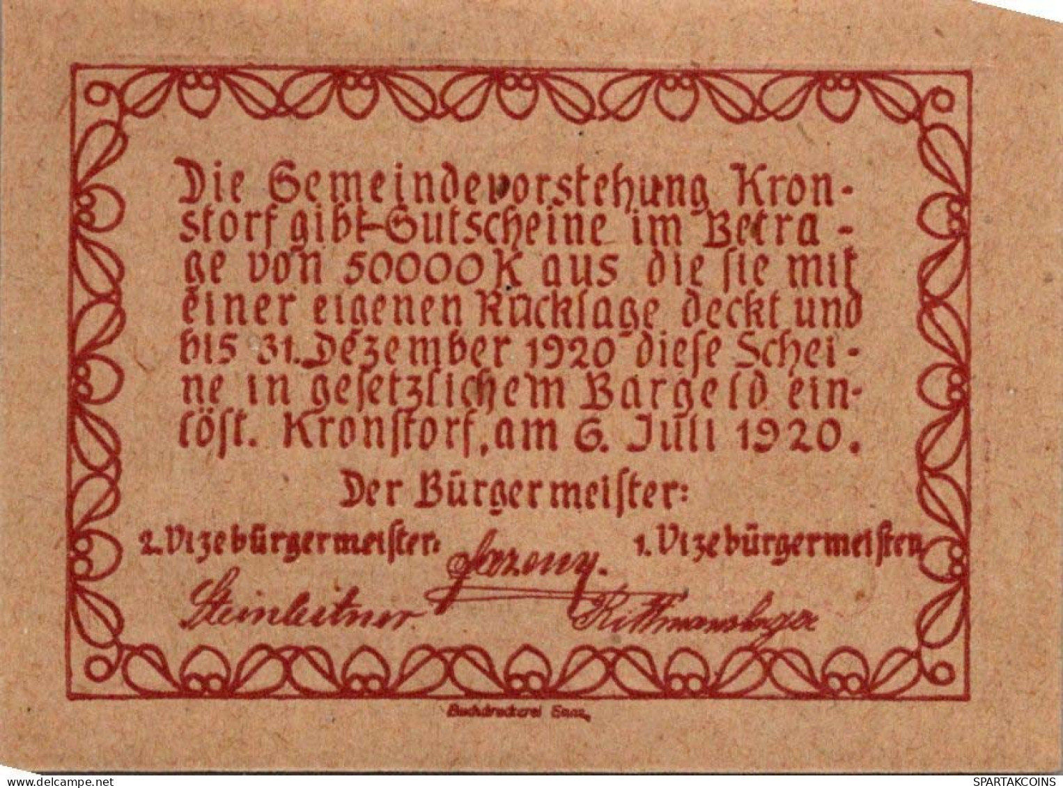 10 HELLER 1920 Stadt KRONSTORF Oberösterreich Österreich Notgeld Papiergeld Banknote #PG926 - [11] Local Banknote Issues