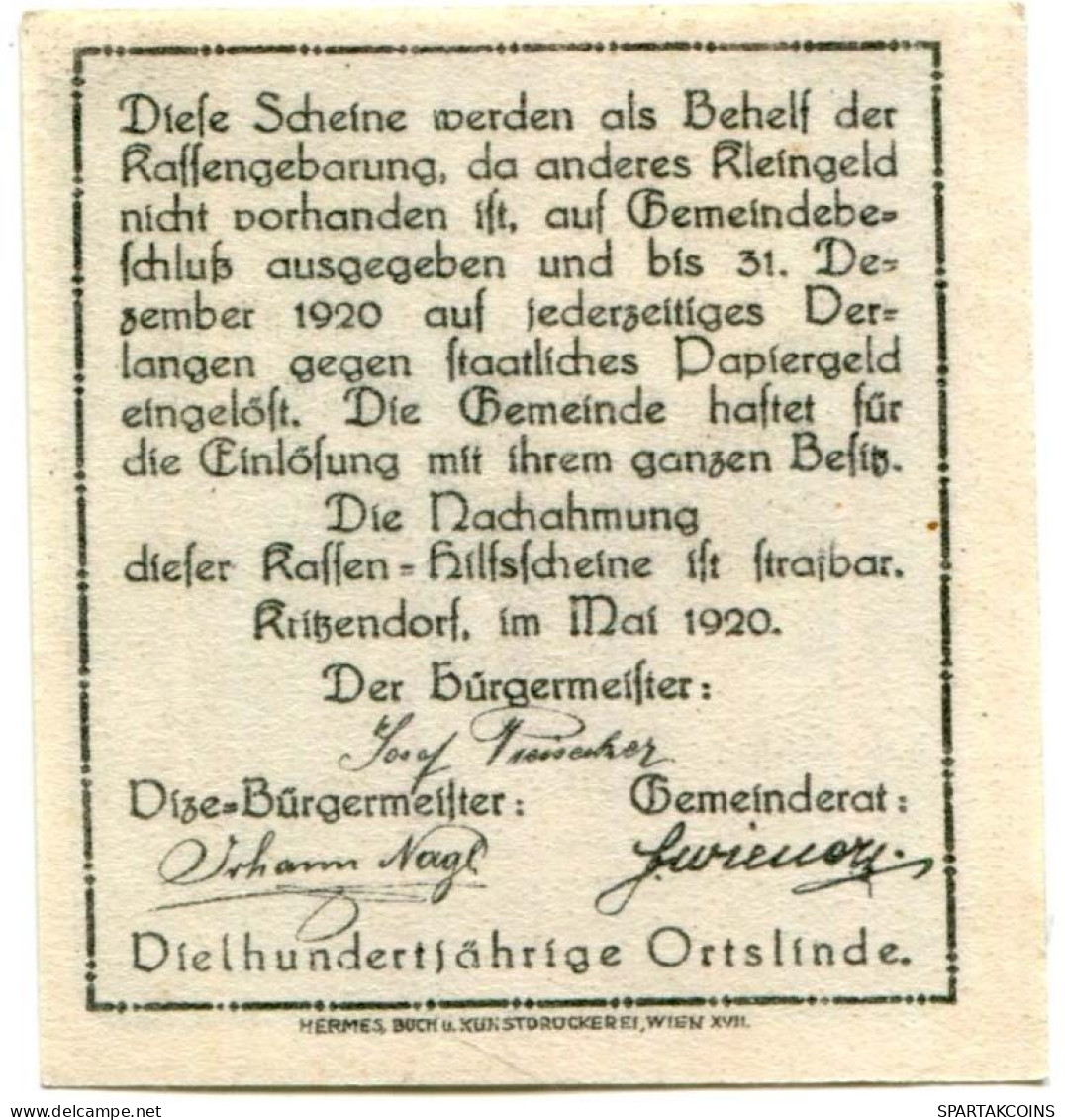 10 HELLER 1920 Stadt KRITZENDORF Niedrigeren Österreich Notgeld Papiergeld Banknote #PL659 - [11] Emissions Locales