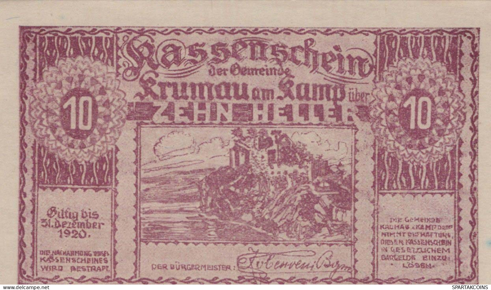 10 HELLER 1920 Stadt Krumau Am Kamp Niedrigeren Österreich Notgeld Papiergeld Banknote #PG917 - [11] Local Banknote Issues