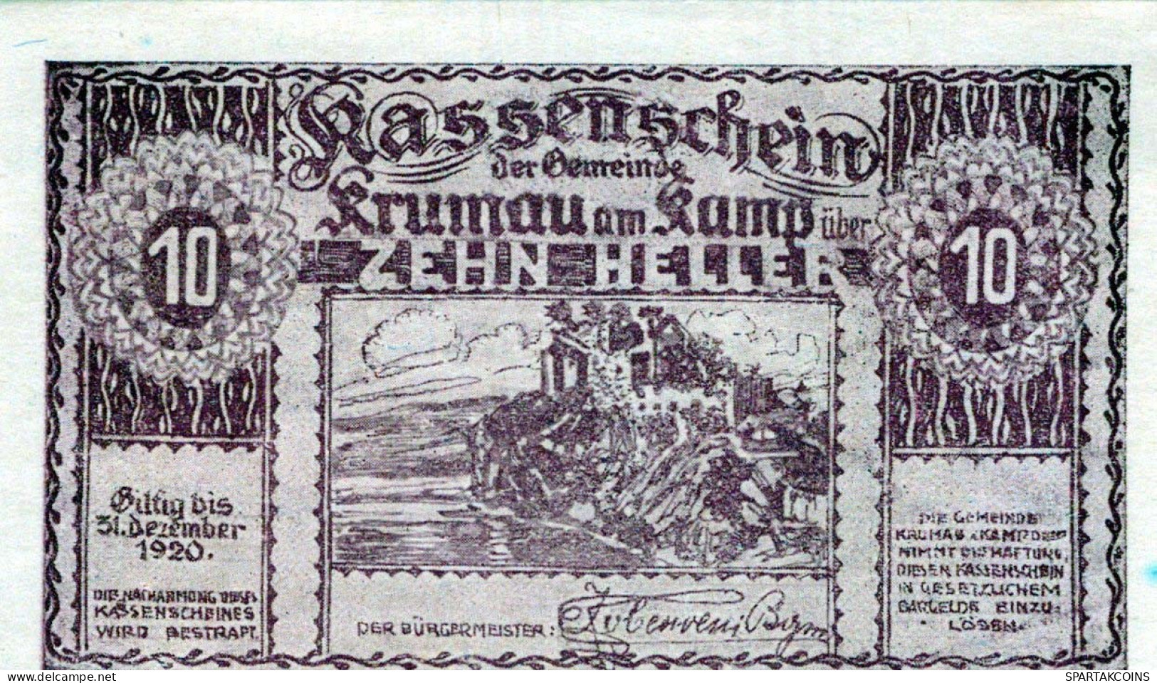 10 HELLER 1920 Stadt Krumau Am Kamp Niedrigeren Österreich Notgeld Papiergeld Banknote #PG917 - [11] Emissions Locales