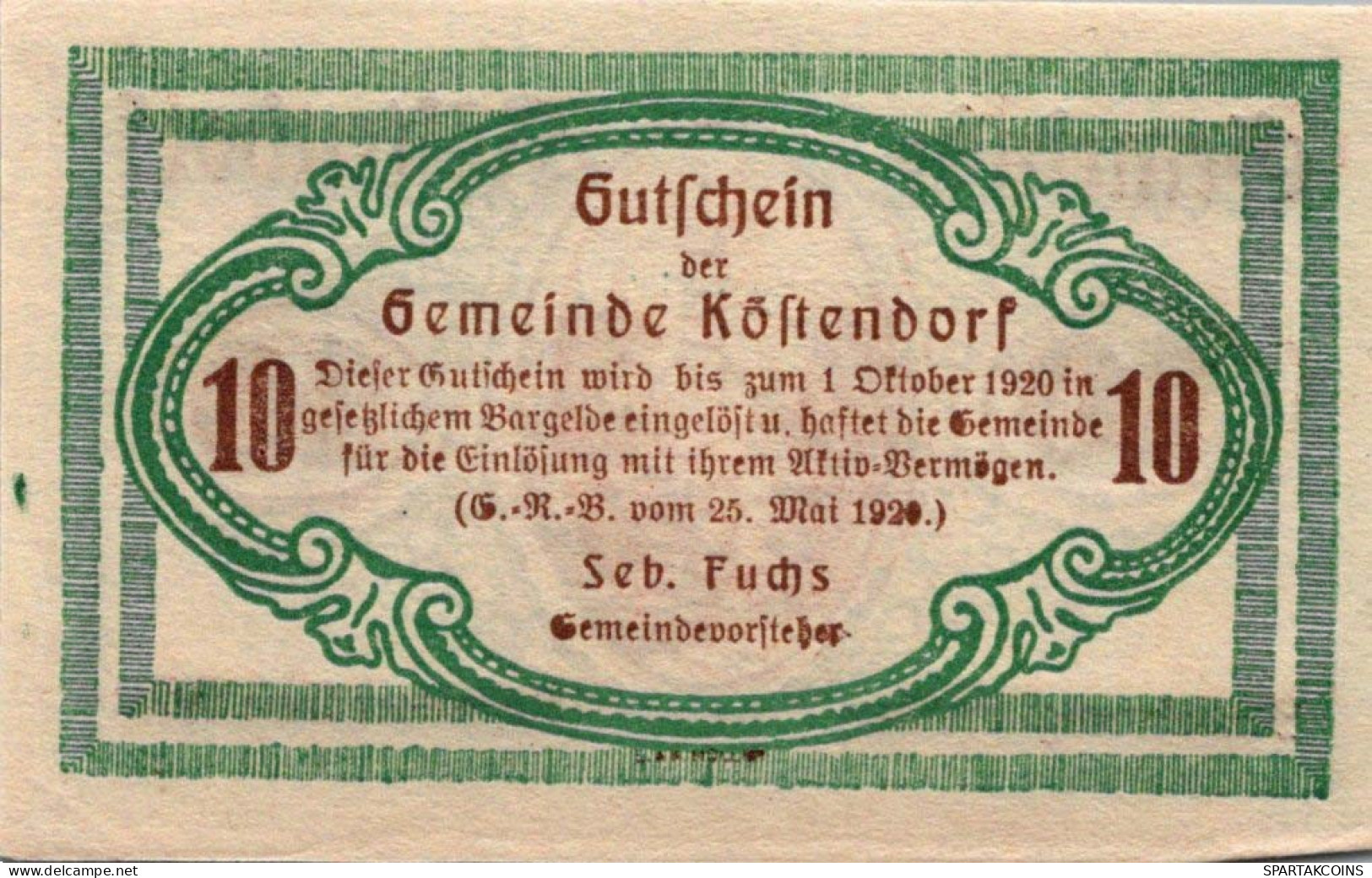 10 HELLER 1920 Stadt KoSTENDORF Salzburg Österreich Notgeld Banknote #PD647 - [11] Lokale Uitgaven