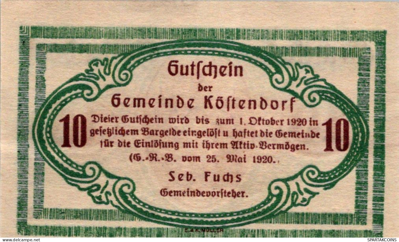 10 HELLER 1920 Stadt KÖSTENDORF Salzburg Österreich Notgeld Papiergeld Banknote #PG902 - [11] Emissions Locales