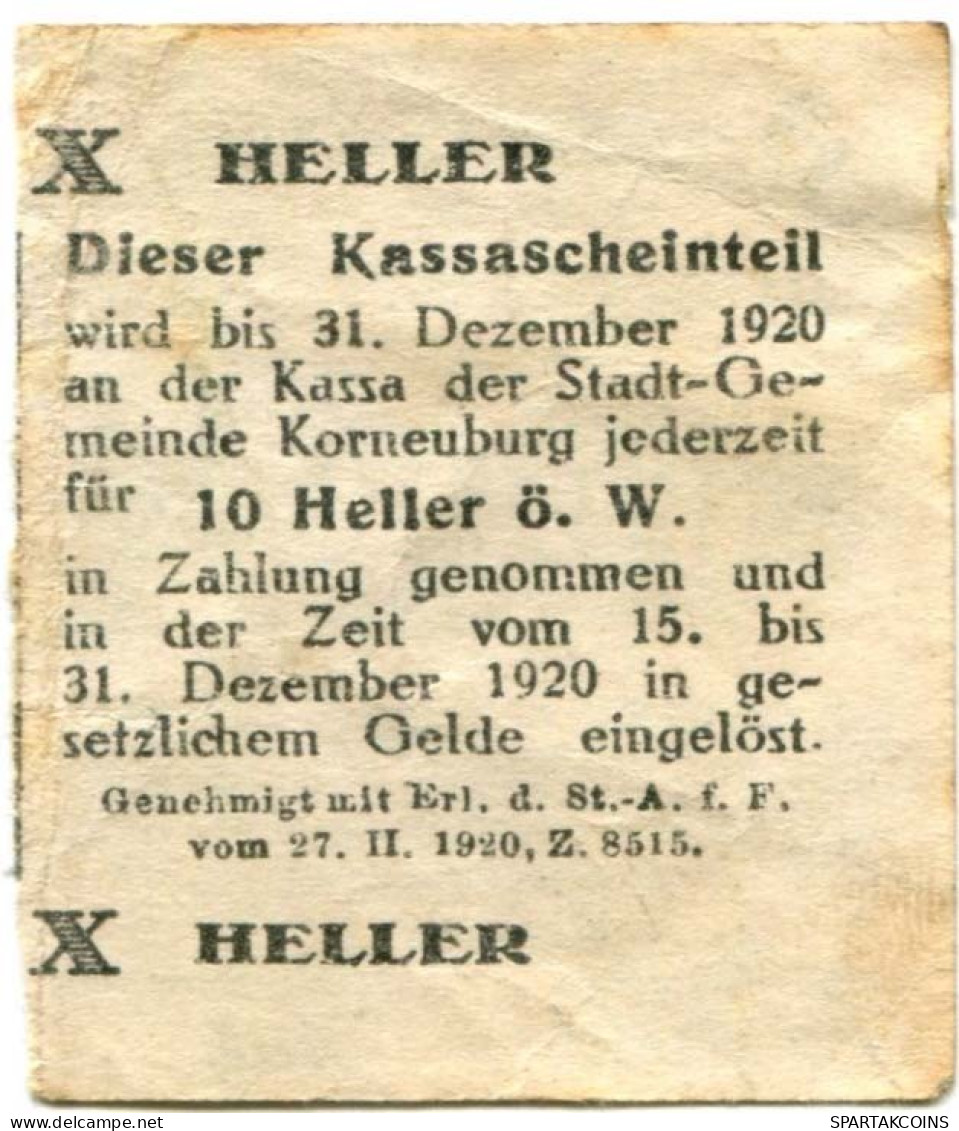 10 HELLER 1920 Stadt KORNEUBURG Niedrigeren Österreich Notgeld Papiergeld Banknote #PL599 - [11] Emissions Locales