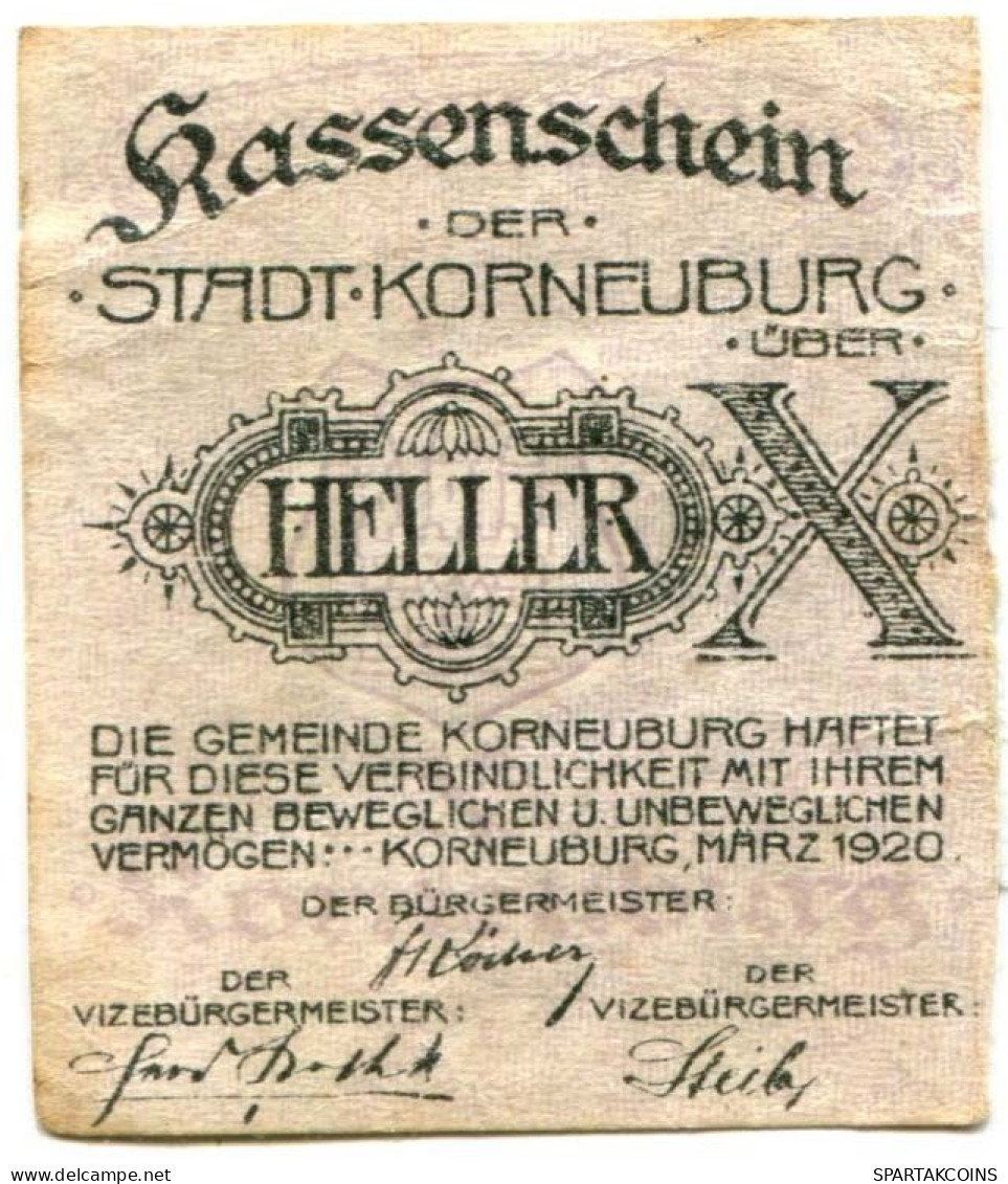 10 HELLER 1920 Stadt KORNEUBURG Niedrigeren Österreich Notgeld Papiergeld Banknote #PL599 - [11] Local Banknote Issues