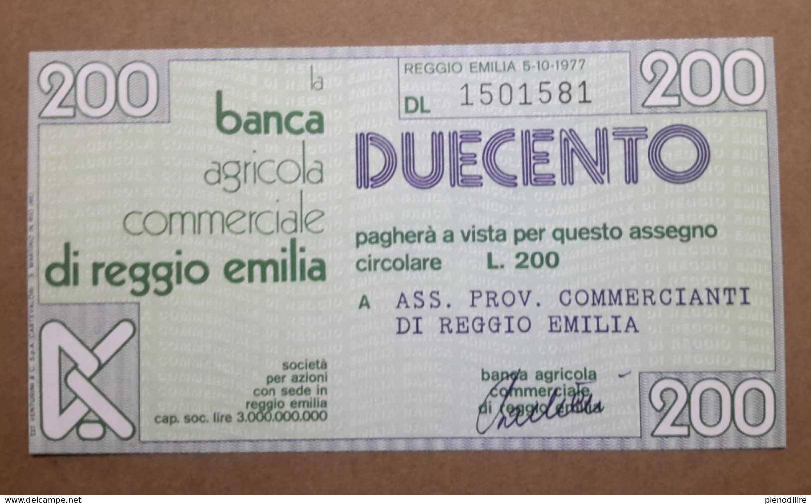 BANCA AGRICOLA COMMERCIALE DI REGGIO EMILIA, 200 Lire 05.10.1977 Ass. Prov. Commercianti (A1.52) - [10] Cheques En Mini-cheques