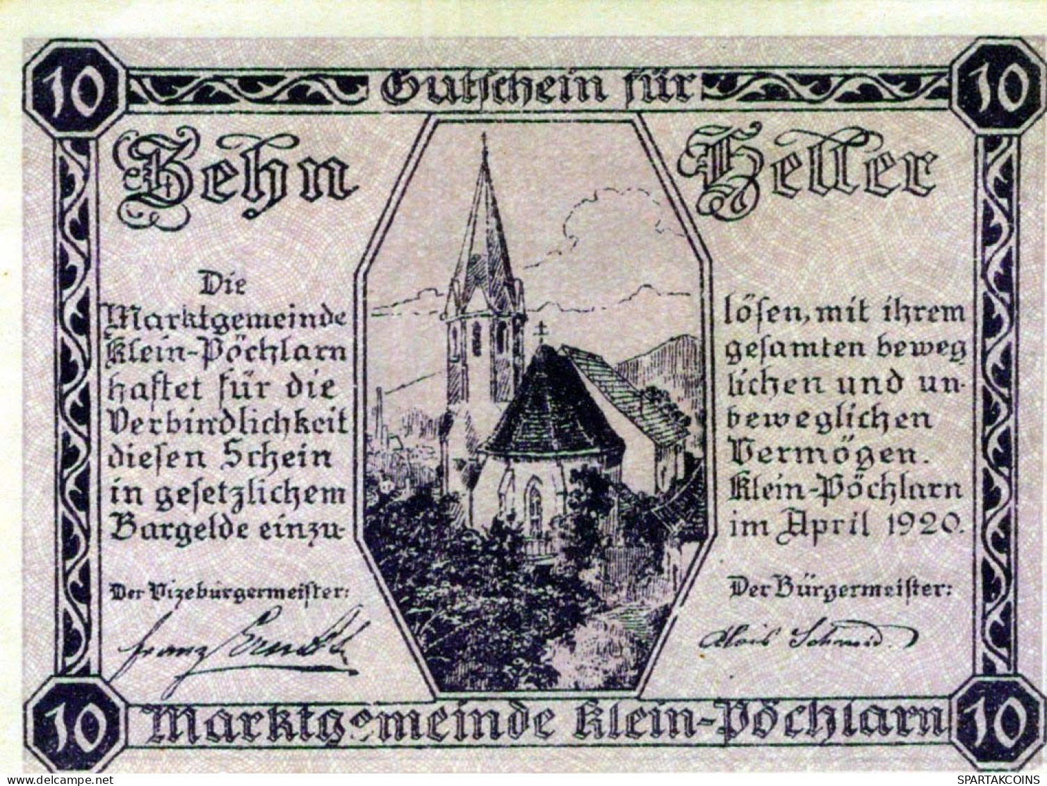 10 HELLER 1920 Stadt KLEIN-PÖCHLARN Niedrigeren Österreich Notgeld Papiergeld Banknote #PG595 - [11] Lokale Uitgaven