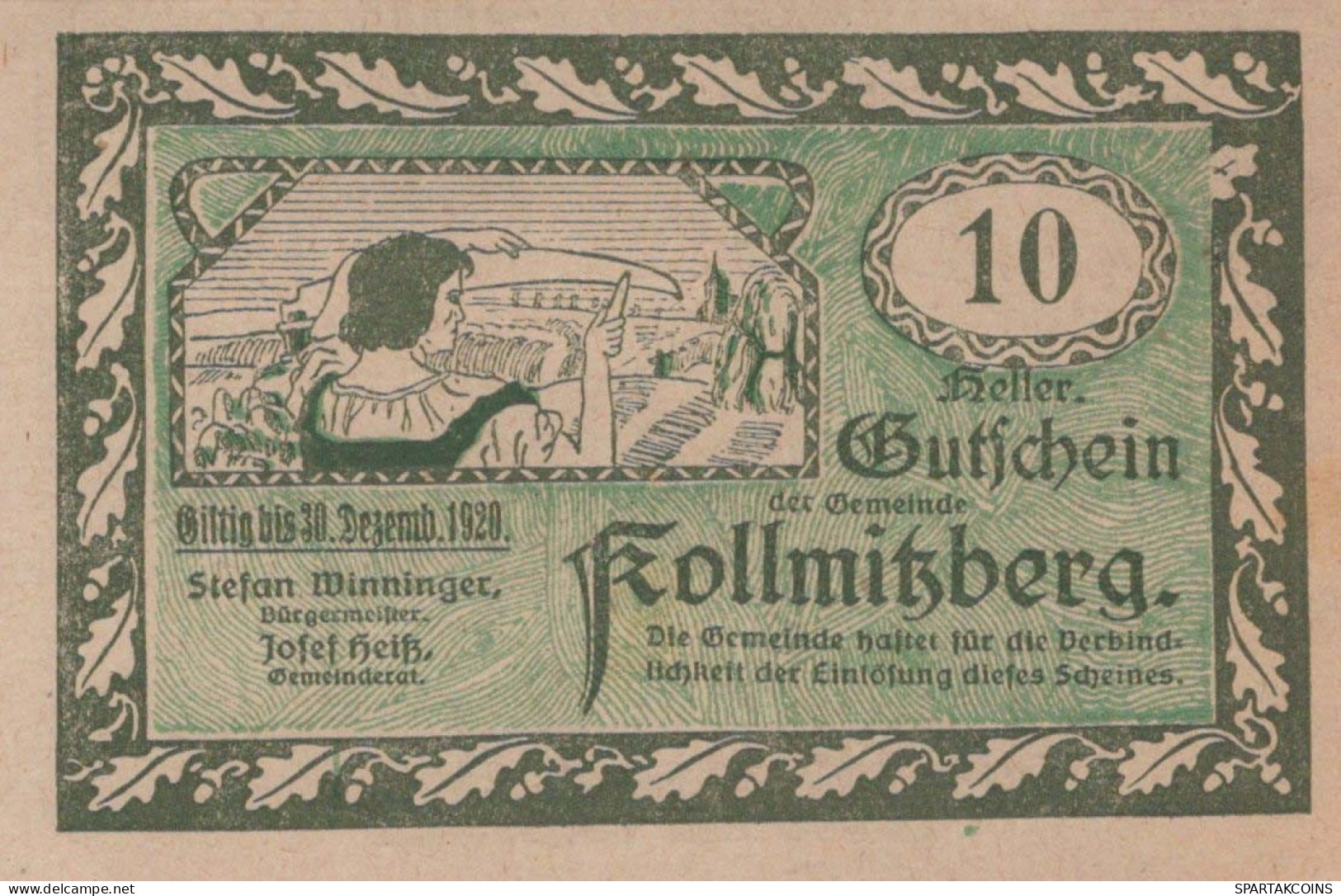 10 HELLER 1920 Stadt KOLLMITZBERG Niedrigeren Österreich Notgeld #PD722 - [11] Emissions Locales