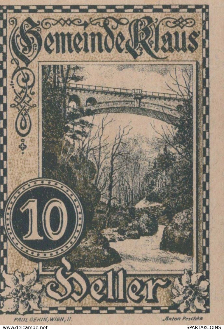 10 HELLER 1920 Stadt KLAUS Oberösterreich Österreich Notgeld Banknote #PD726 - [11] Lokale Uitgaven