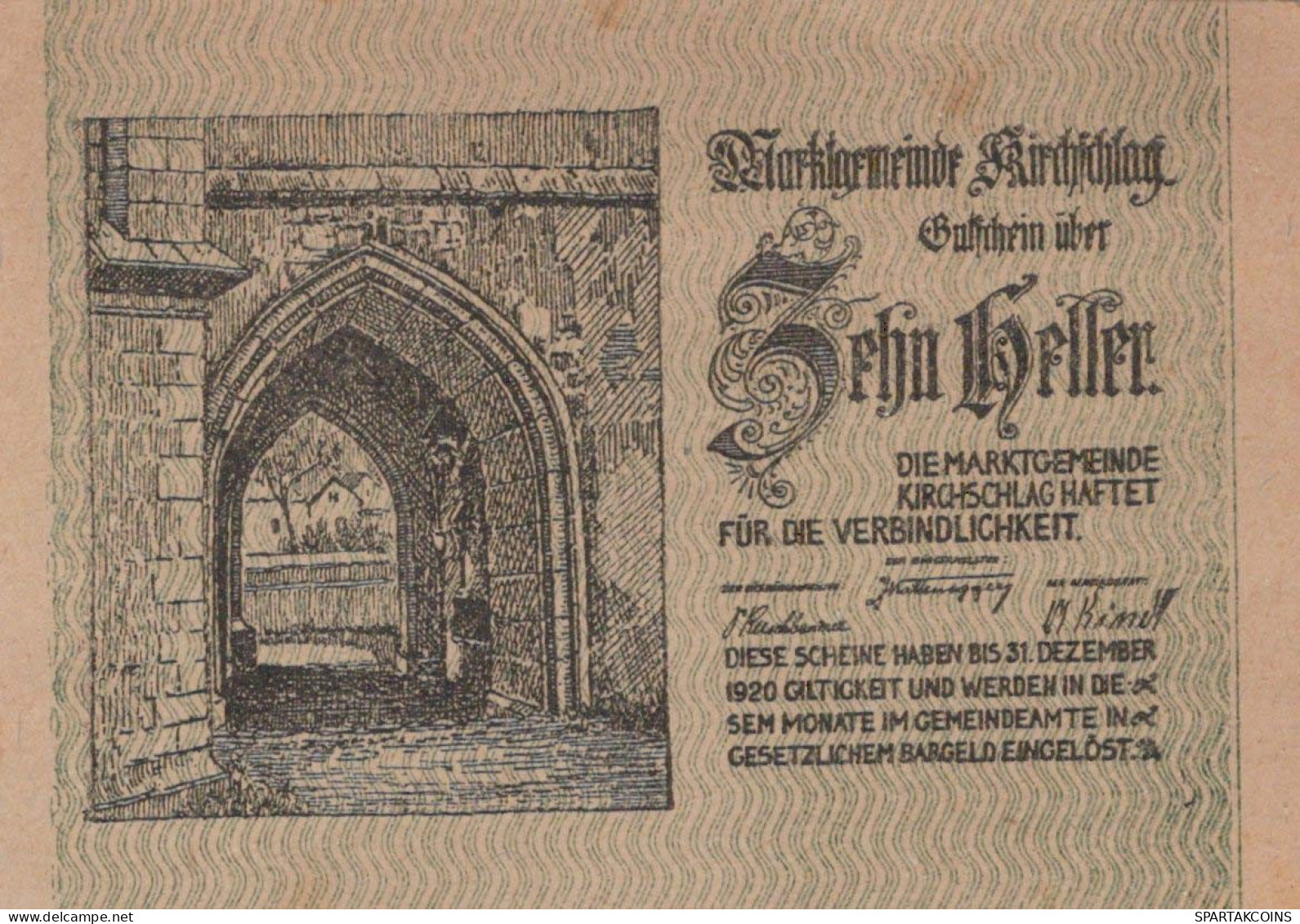 10 HELLER 1920 Stadt KIRCHSCHLAG Niedrigeren Österreich Notgeld #PD729 - [11] Local Banknote Issues