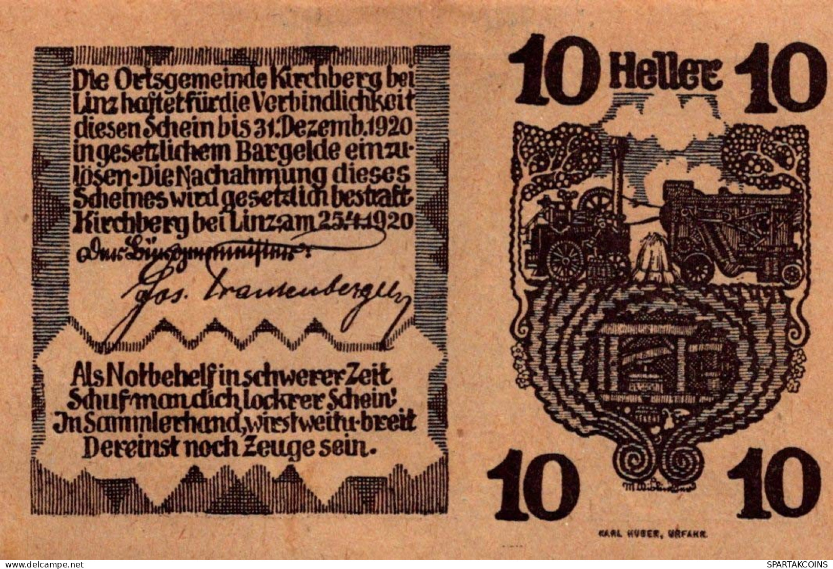 10 HELLER 1920 Stadt KIRCHBERG BEI LINZ Oberösterreich Österreich Notgeld Papiergeld Banknote #PG914 - [11] Lokale Uitgaven