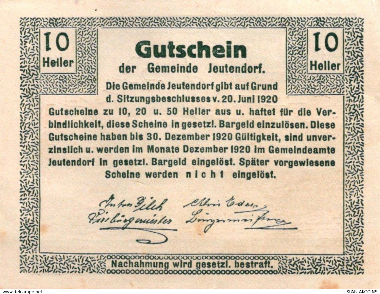 10 HELLER 1920 Stadt JEUTENDORF Niedrigeren Österreich Notgeld #PD634 - Lokale Ausgaben