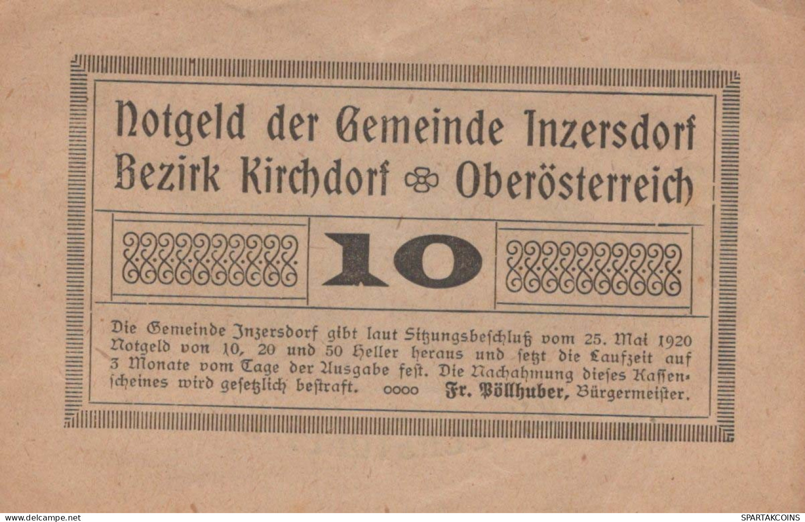 10 HELLER 1920 Stadt INZERSDORF Oberösterreich Österreich Notgeld Papiergeld Banknote #PG882 - [11] Emissions Locales
