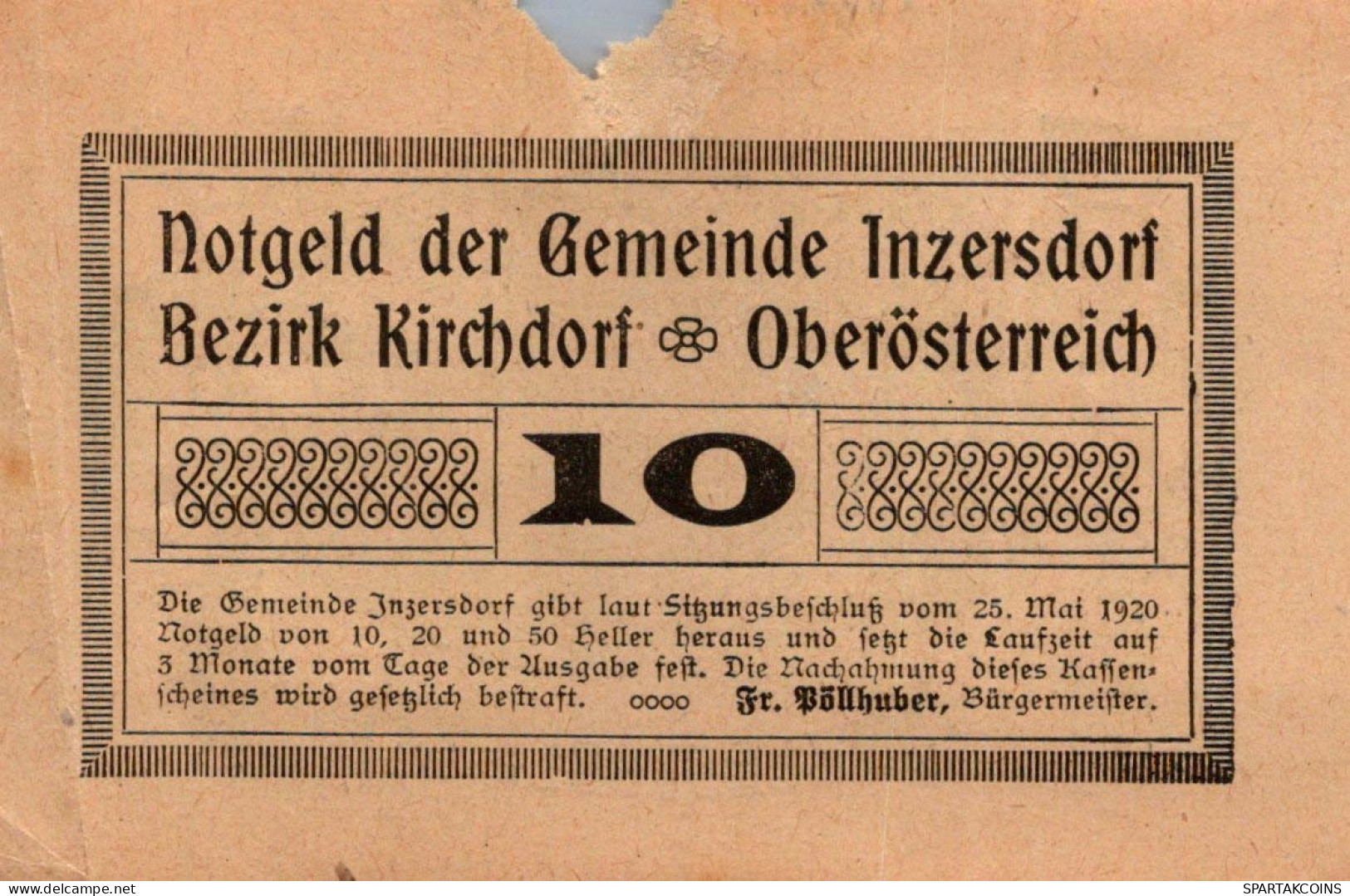 10 HELLER 1920 Stadt INZERSDORF Oberösterreich Österreich Notgeld #PI235 - [11] Emissions Locales
