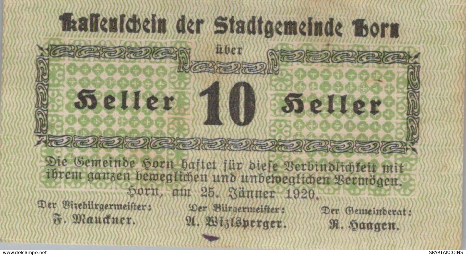 10 HELLER 1920 Stadt HORN Niedrigeren Österreich Notgeld Banknote #PF146 - [11] Local Banknote Issues