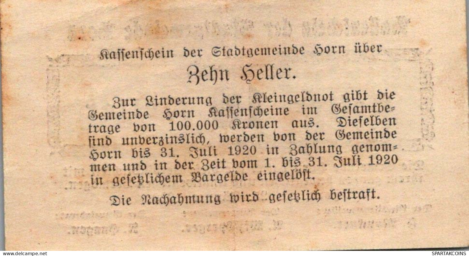 10 HELLER 1920 Stadt HORN Niedrigeren Österreich Notgeld Banknote #PF146 - [11] Emissions Locales