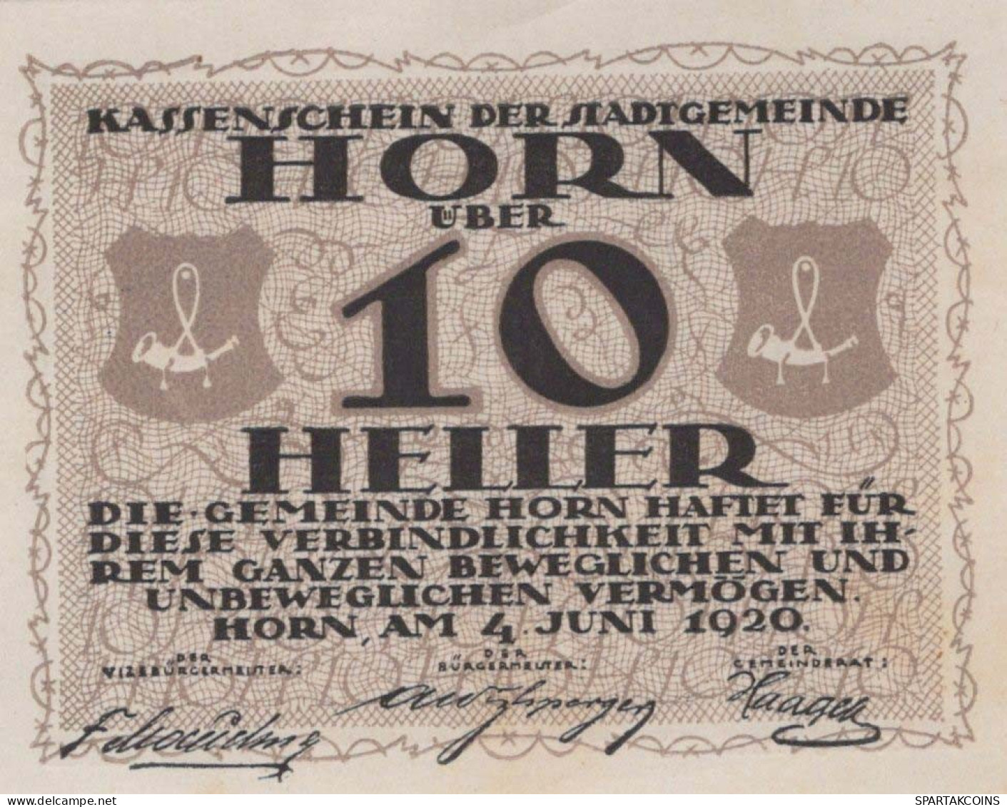 10 HELLER 1920 Stadt HORN Niedrigeren Österreich Notgeld Banknote #PD605 - [11] Local Banknote Issues